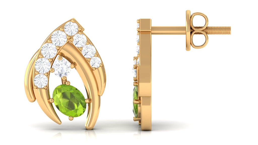 Peridot Stud Earrings – Oval Peridot Jewelry with Diamond & Secure Screw Back