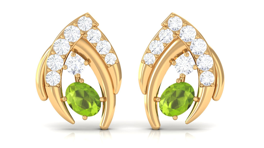 Peridot Stud Earrings – Oval Peridot Jewelry with Diamond & Secure Screw Back