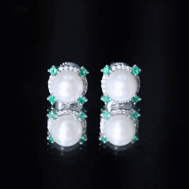 Freshwater Pearl Earrings - 6 Carat Bridal Studs with Emerald Halo