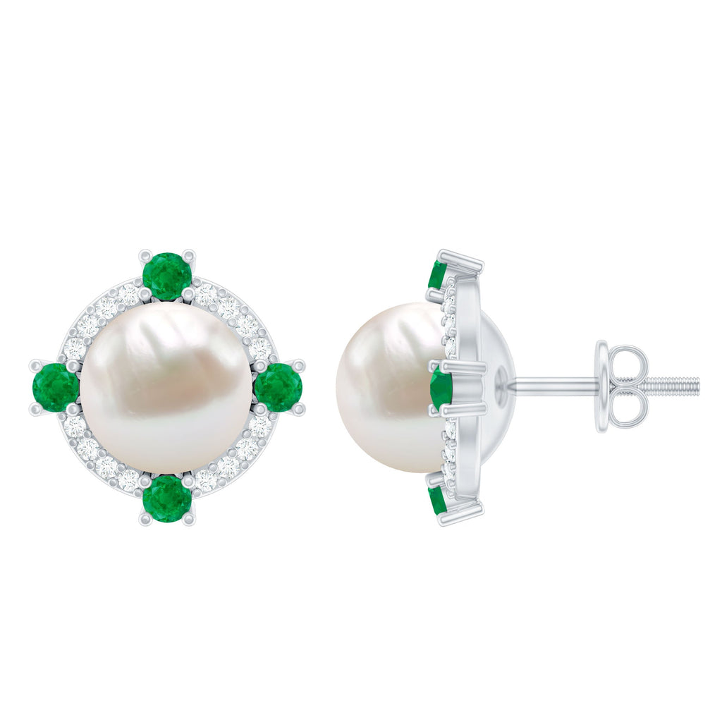 Freshwater Pearl Earrings - 6 Carat Bridal Studs with Emerald Halo