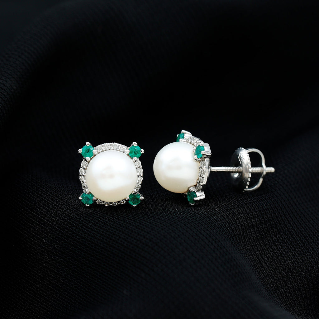 Freshwater Pearl Earrings - 6 Carat Bridal Studs with Emerald Halo