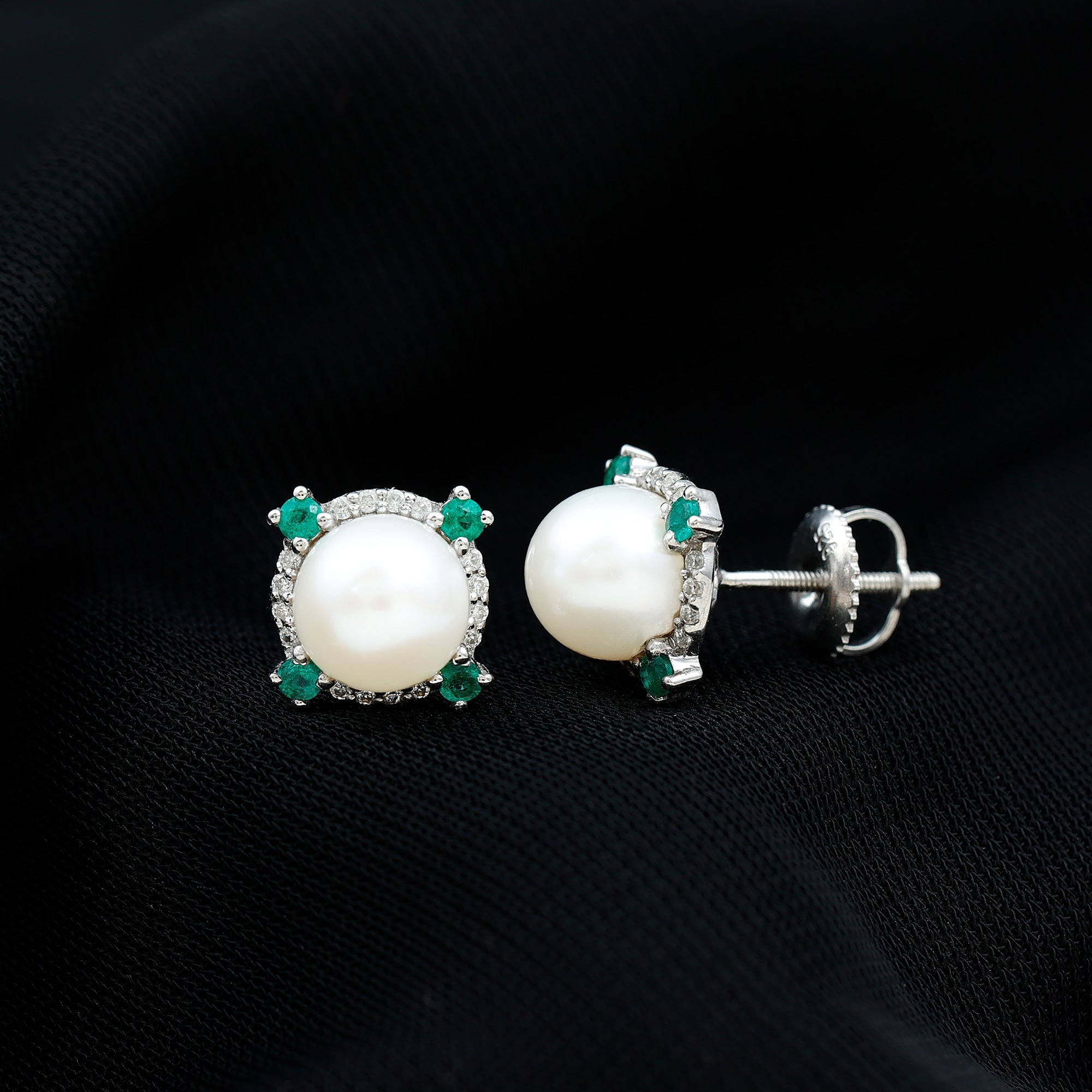 Freshwater Pearl Earrings - 6 Carat Bridal Studs with Emerald Halo