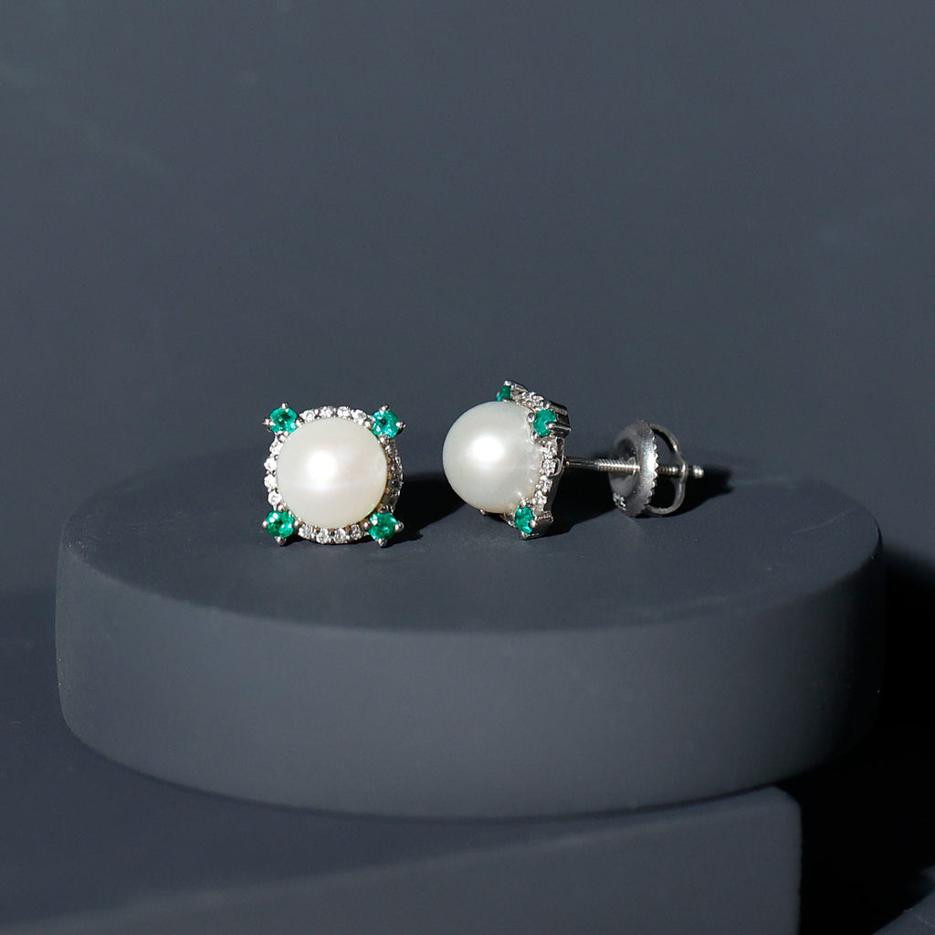 Freshwater Pearl Earrings - 6 Carat Bridal Studs with Emerald Halo