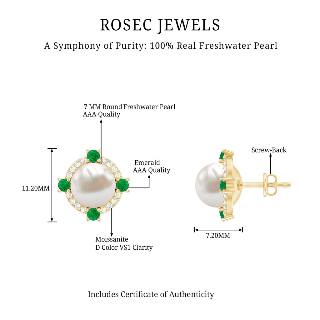 Freshwater Pearl Earrings - 6 Carat Bridal Studs with Emerald Halo