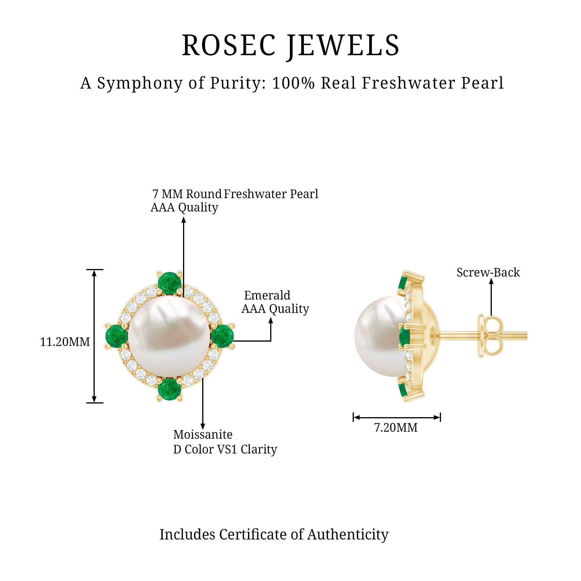 Freshwater Pearl Earrings - 6 Carat Bridal Studs with Emerald Halo