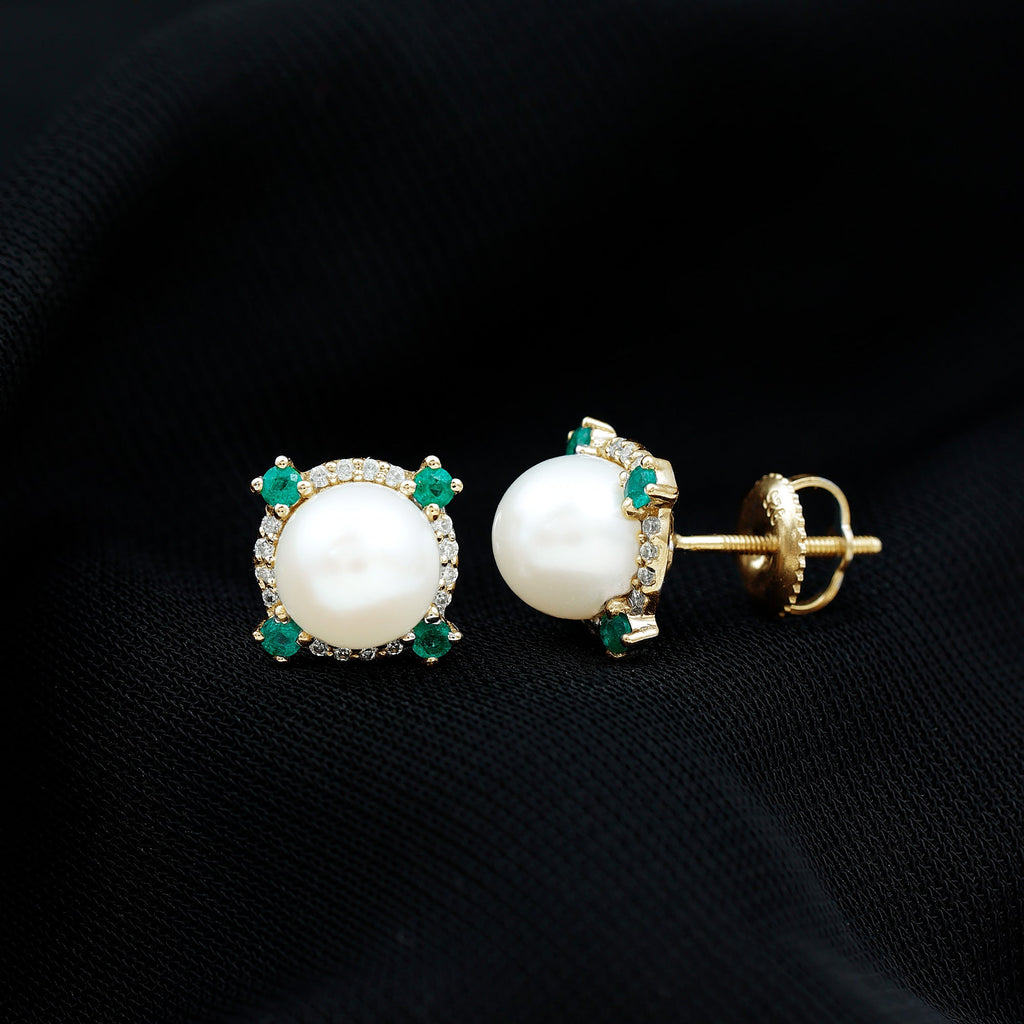 Freshwater Pearl Earrings - 6 Carat Bridal Studs with Emerald Halo