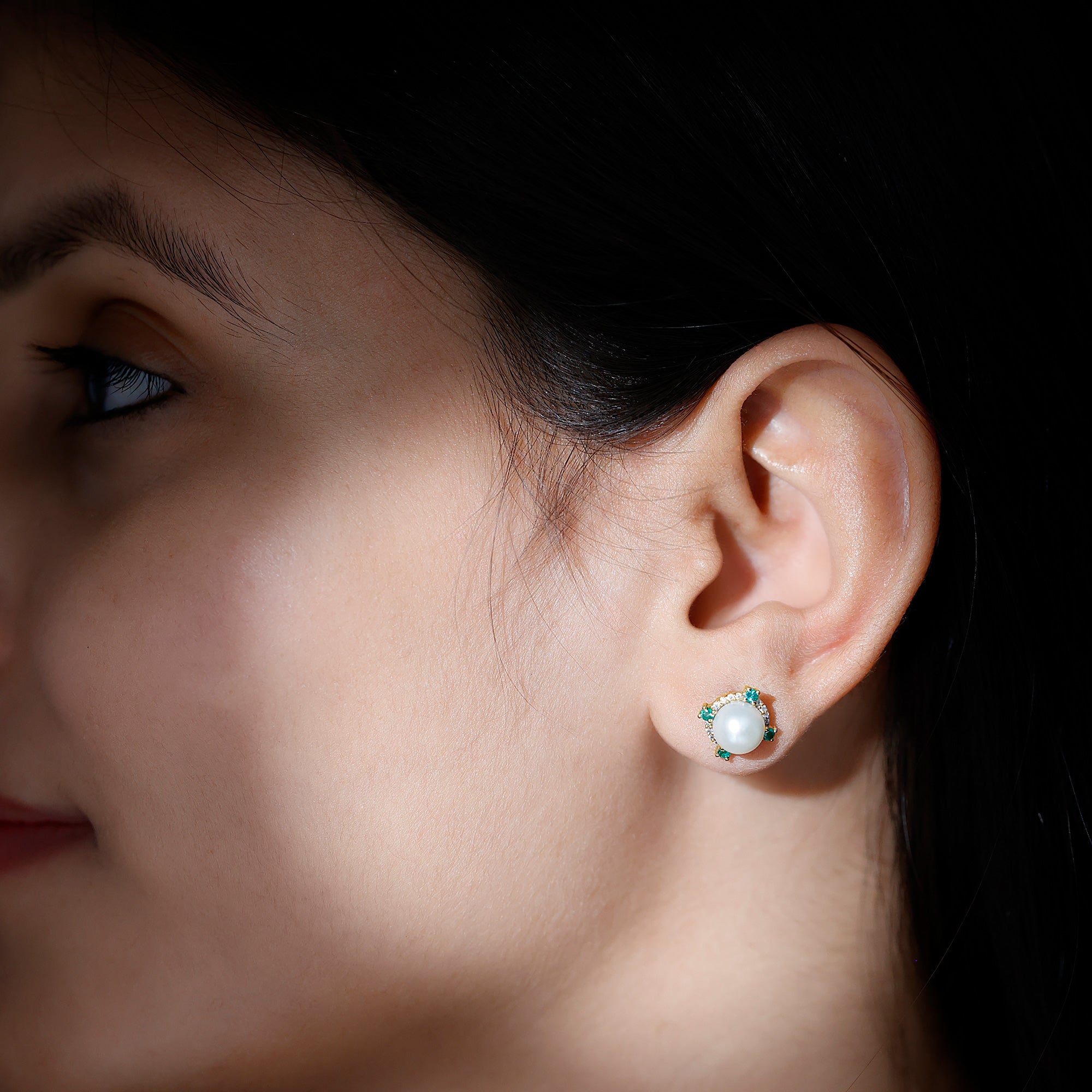 Freshwater Pearl Earrings - 6 Carat Bridal Studs with Emerald Halo
