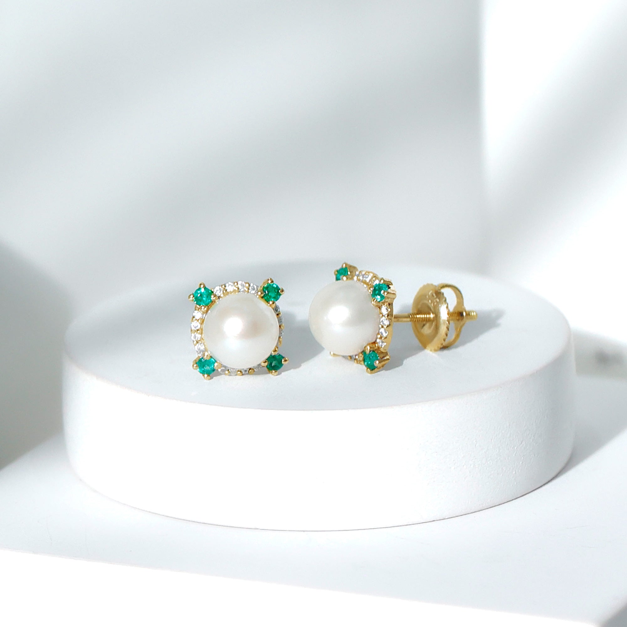 Freshwater Pearl Earrings - 6 Carat Bridal Studs with Emerald Halo