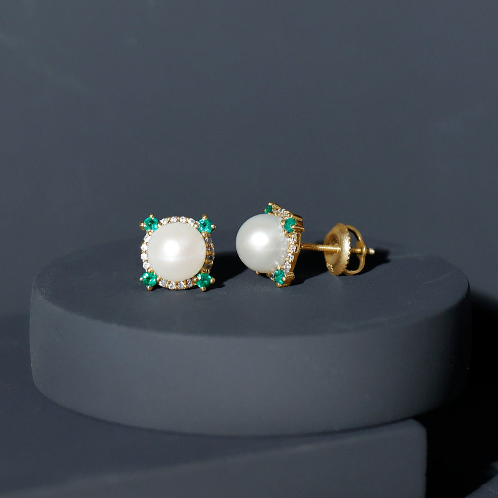 Freshwater Pearl Earrings - 6 Carat Bridal Studs with Emerald Halo