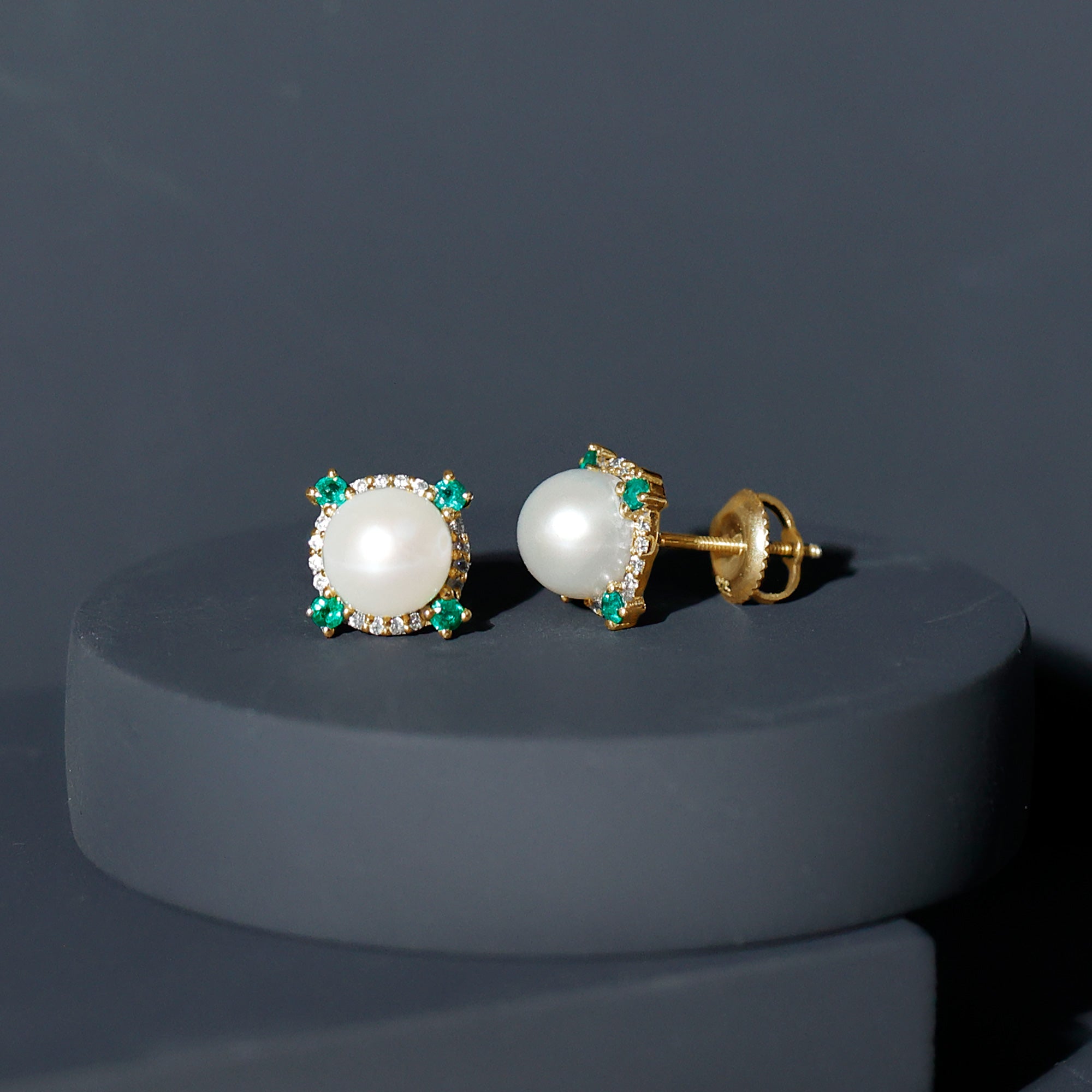 Freshwater Pearl Earrings - 6 Carat Bridal Studs with Emerald Halo