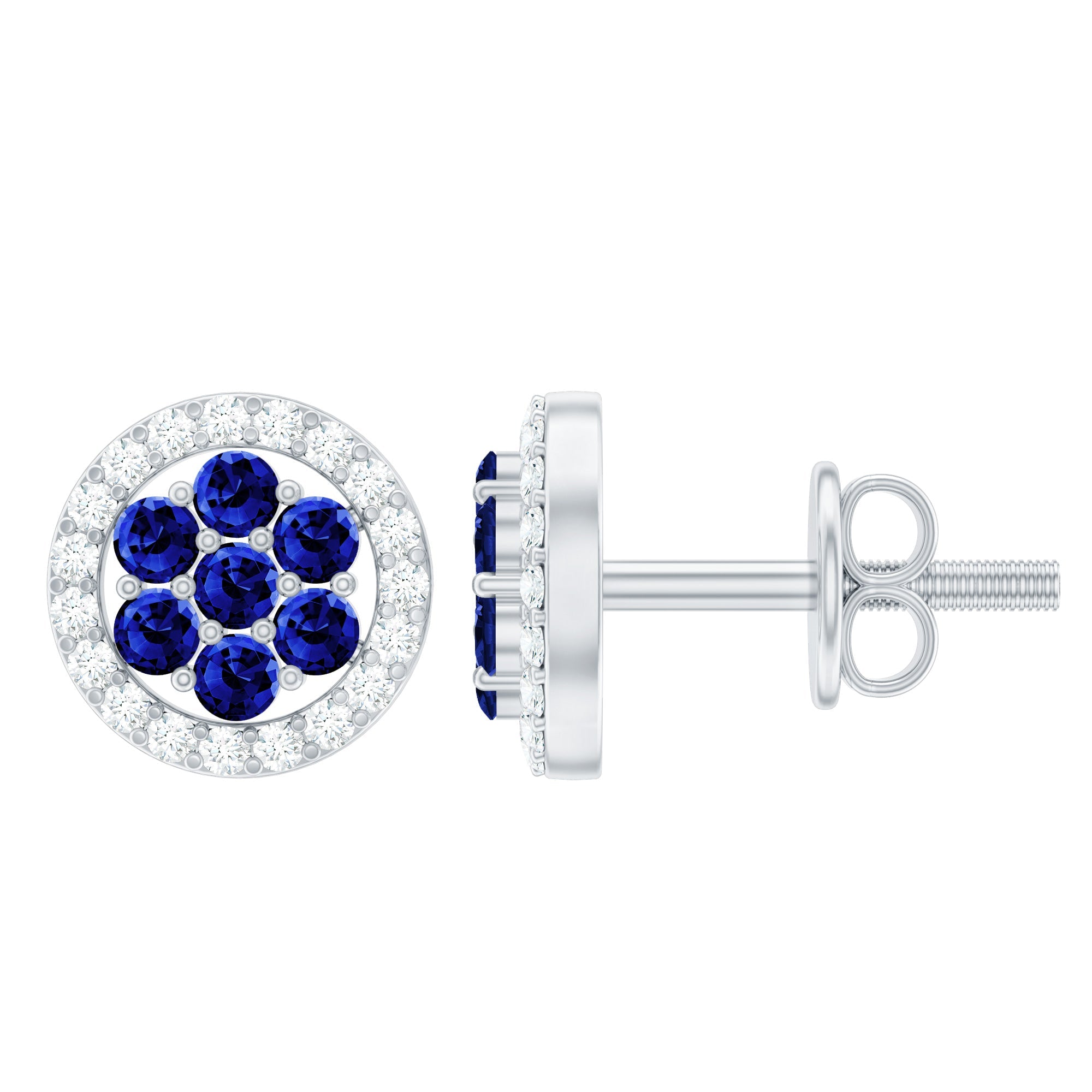 Blue Sapphire Earrings – Lab Created Flower Studs with Diamond Halo & Screw Back Closure