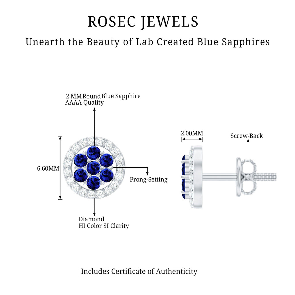 Blue Sapphire Earrings – Lab Created Flower Studs with Diamond Halo & Screw Back Closure