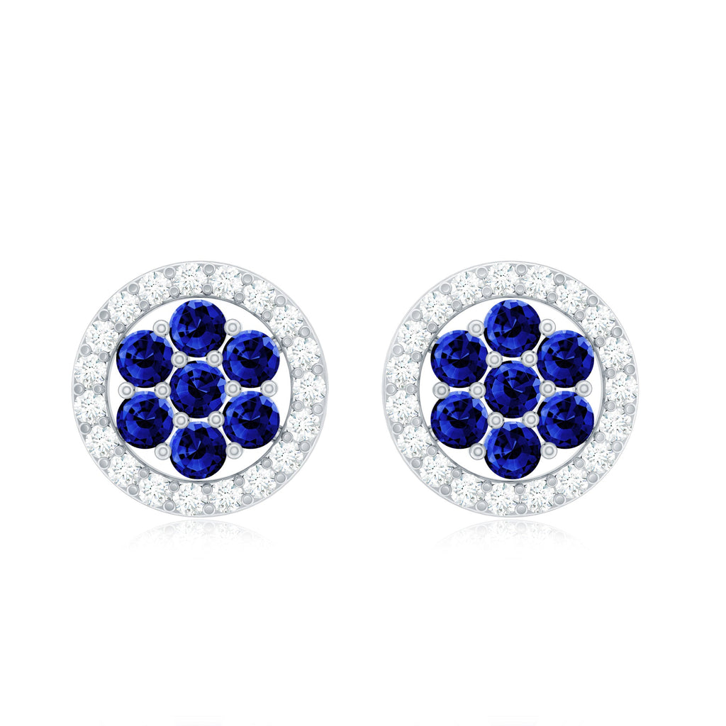 Blue Sapphire Earrings – Lab Created Flower Studs with Diamond Halo & Screw Back Closure