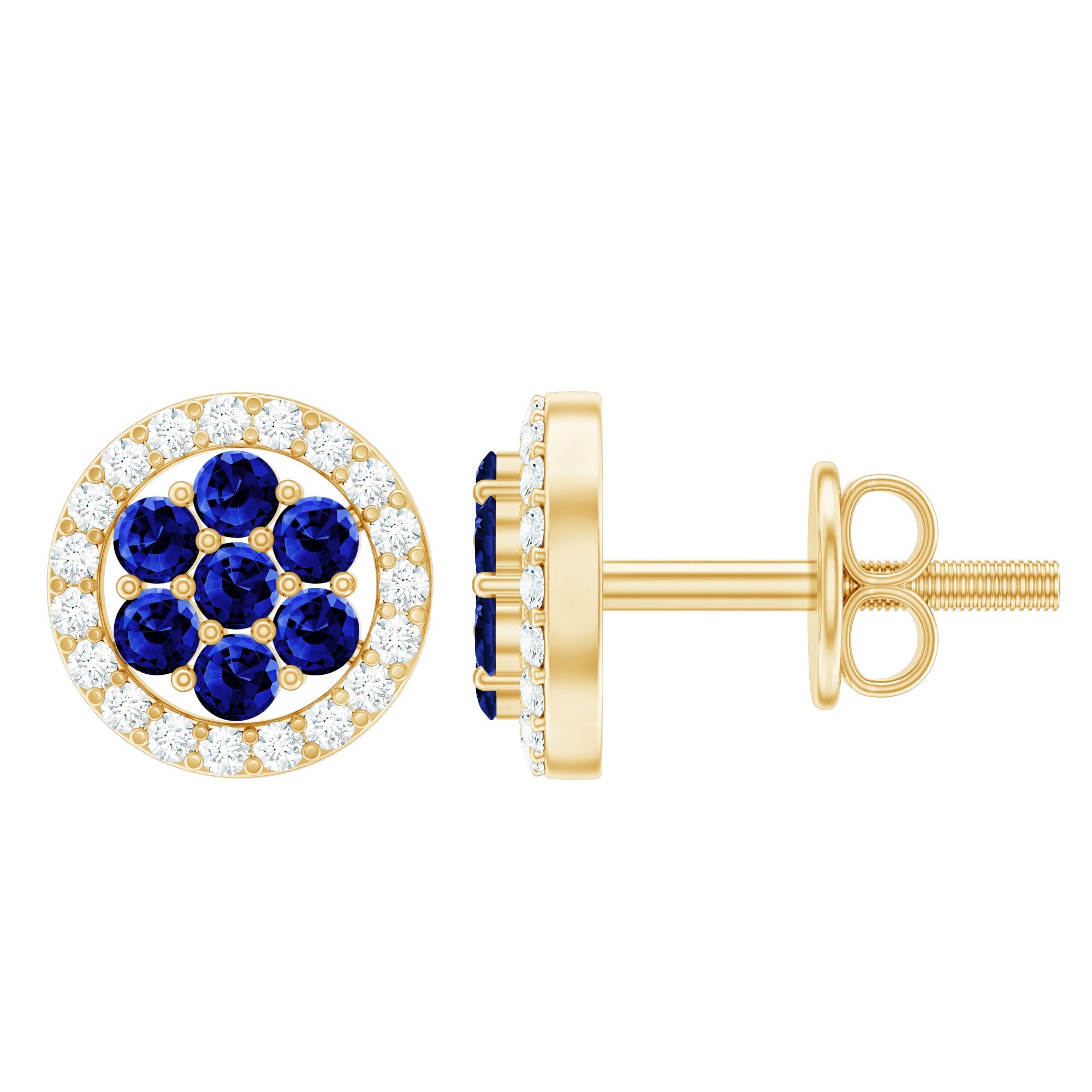 Blue Sapphire Earrings – Lab Created Flower Studs with Diamond Halo & Screw Back Closure