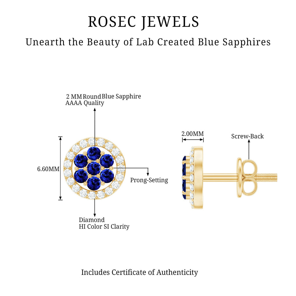 Blue Sapphire Earrings – Lab Created Flower Studs with Diamond Halo & Screw Back Closure