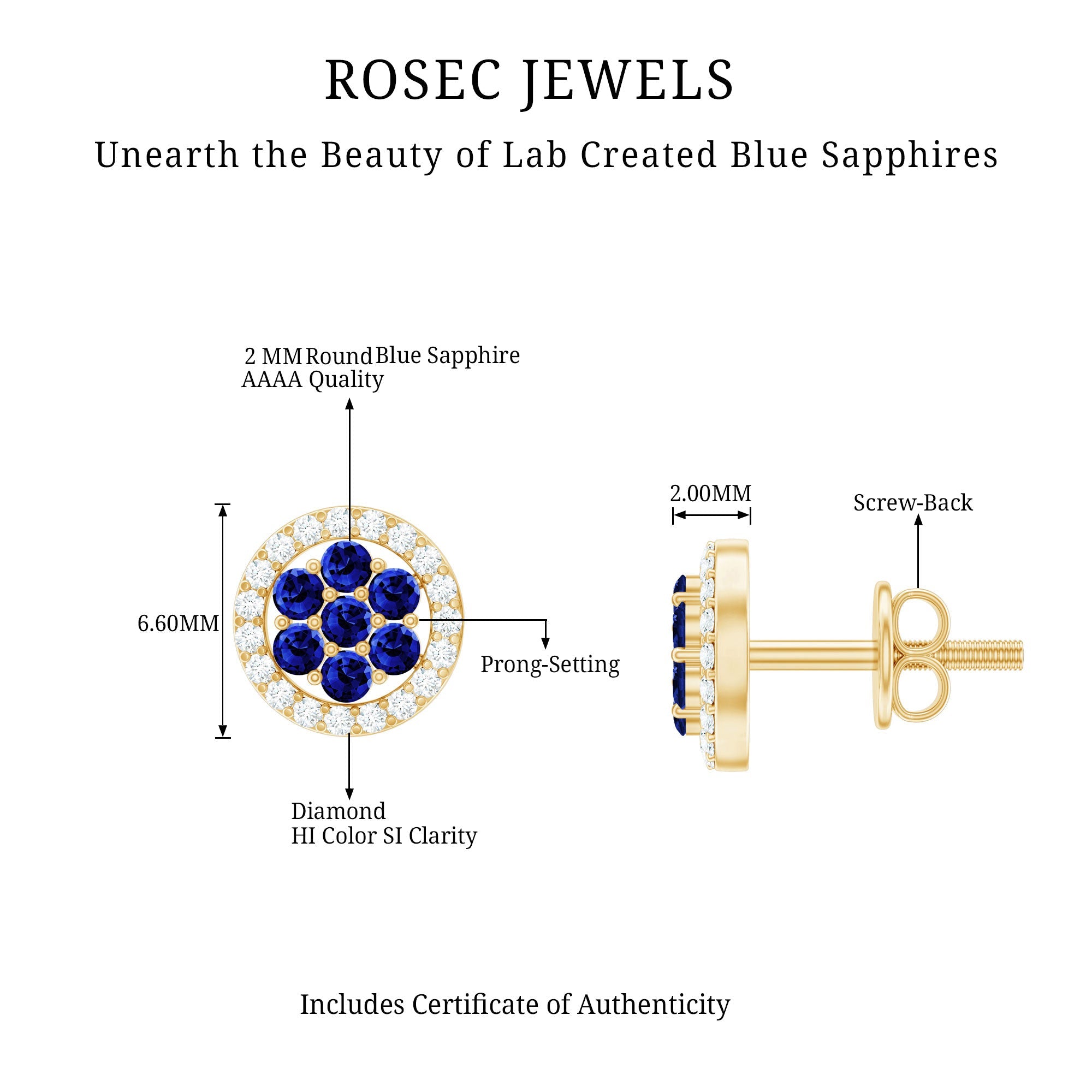 Blue Sapphire Earrings – Lab Created Flower Studs with Diamond Halo & Screw Back Closure