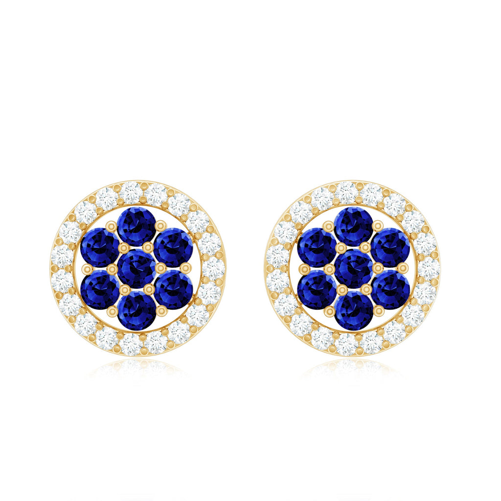 Blue Sapphire Earrings – Lab Created Flower Studs with Diamond Halo & Screw Back Closure