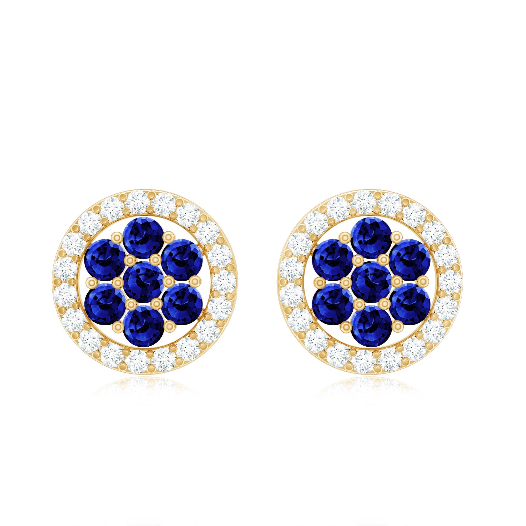 Blue Sapphire Earrings – Lab Created Flower Studs with Diamond Halo & Screw Back Closure