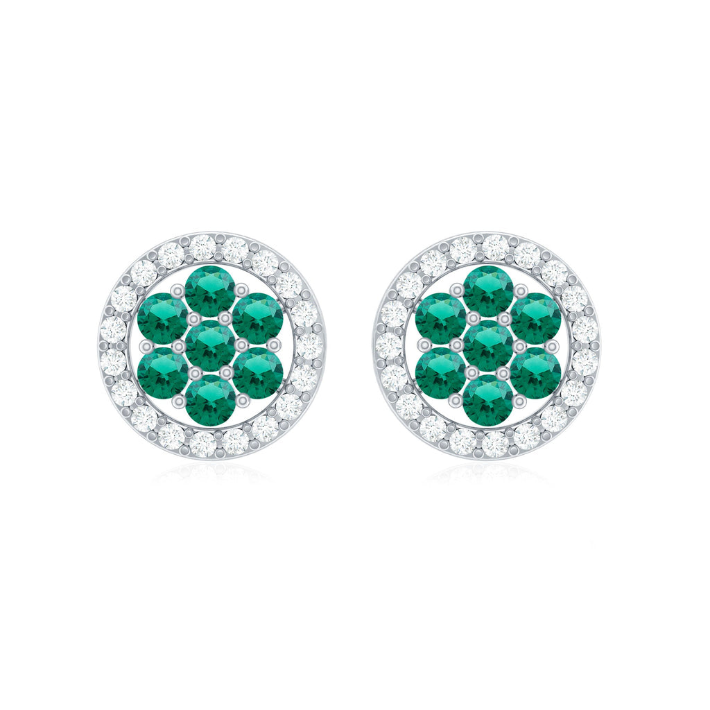 Lab Created Emerald Earrings - Diamond Halo Flower Cluster Studs | AAA Quality
