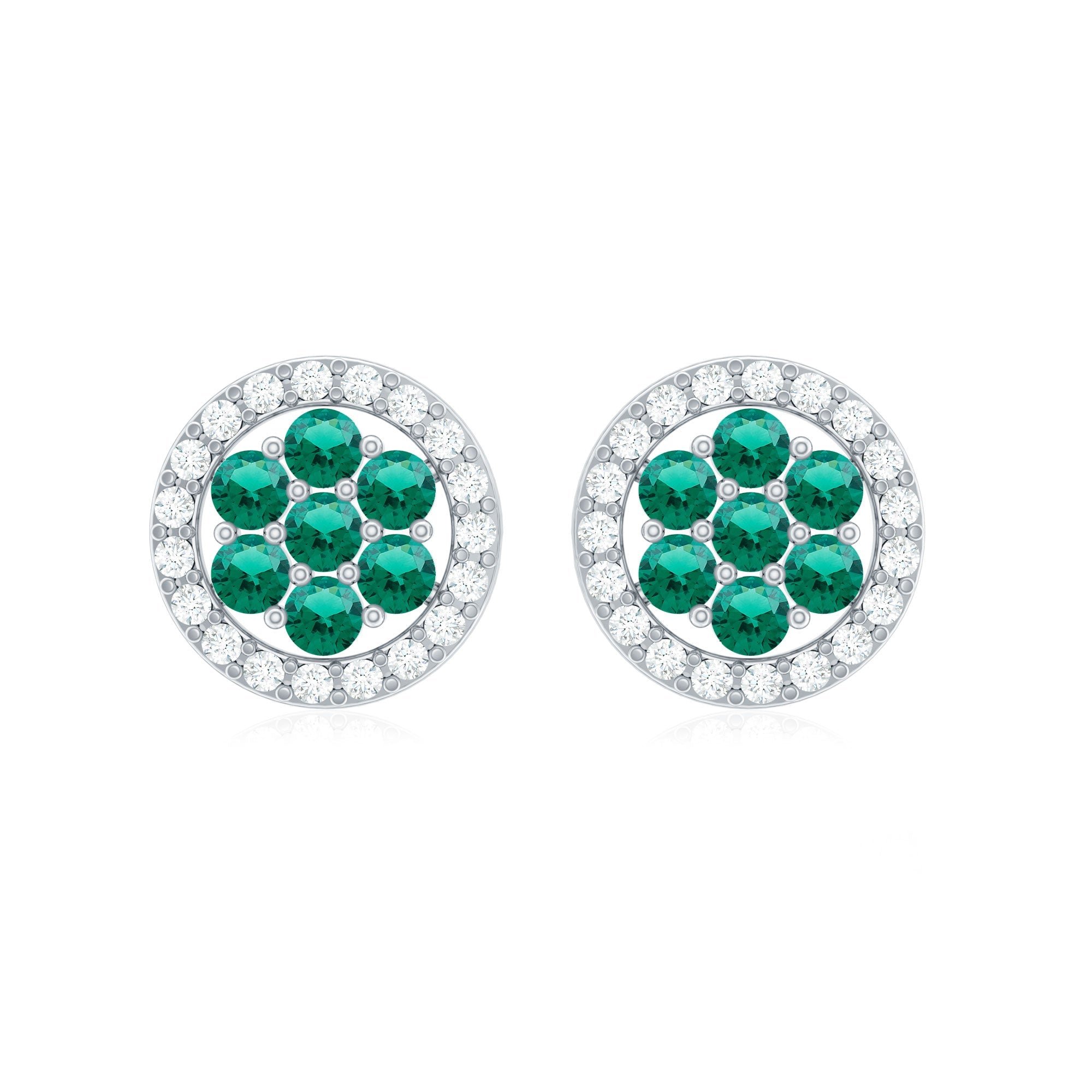 Lab Created Emerald Earrings - Diamond Halo Flower Cluster Studs | AAA Quality