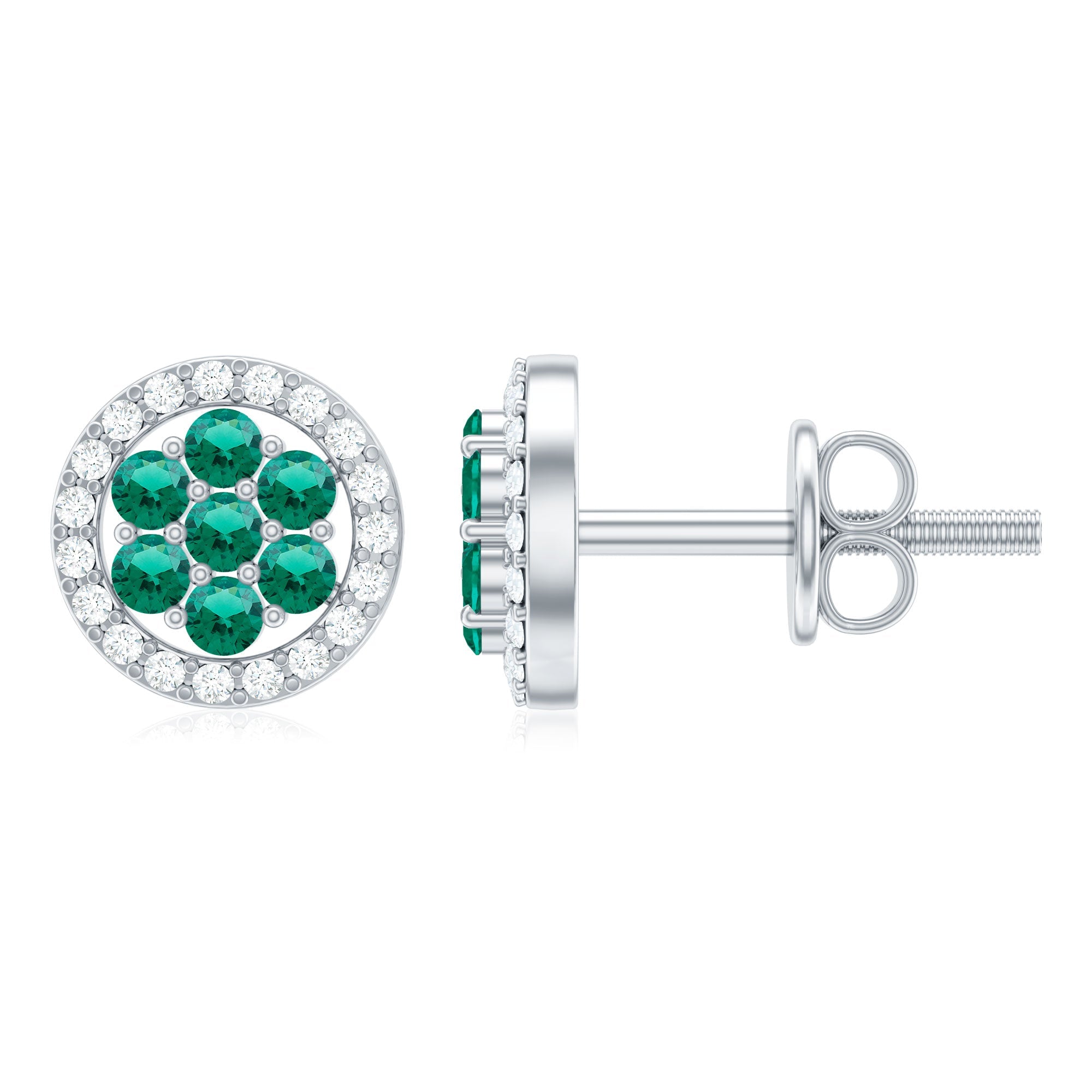 Lab Created Emerald Earrings - Diamond Halo Flower Cluster Studs | AAA Quality