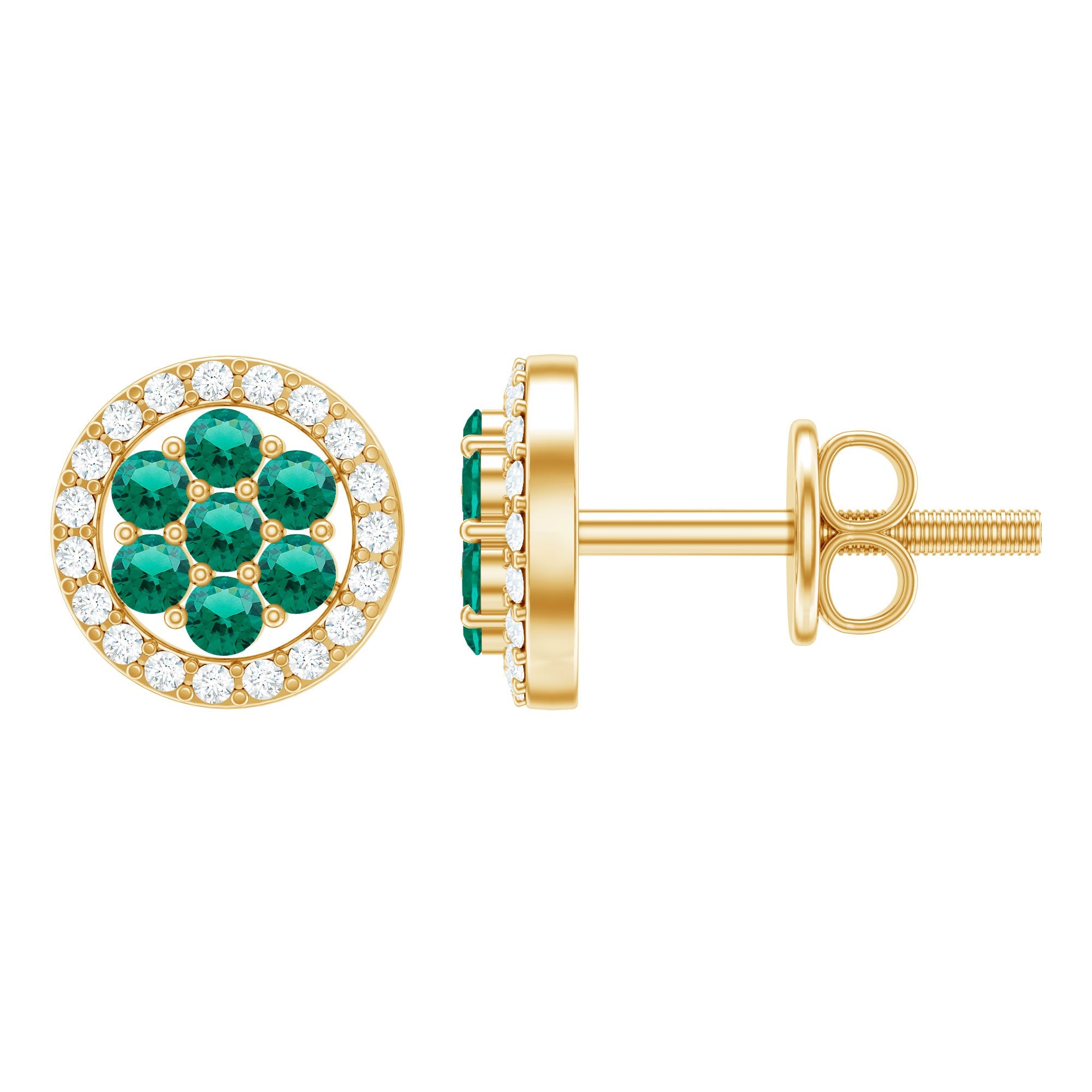 Lab Created Emerald Earrings - Diamond Halo Flower Cluster Studs | AAA Quality