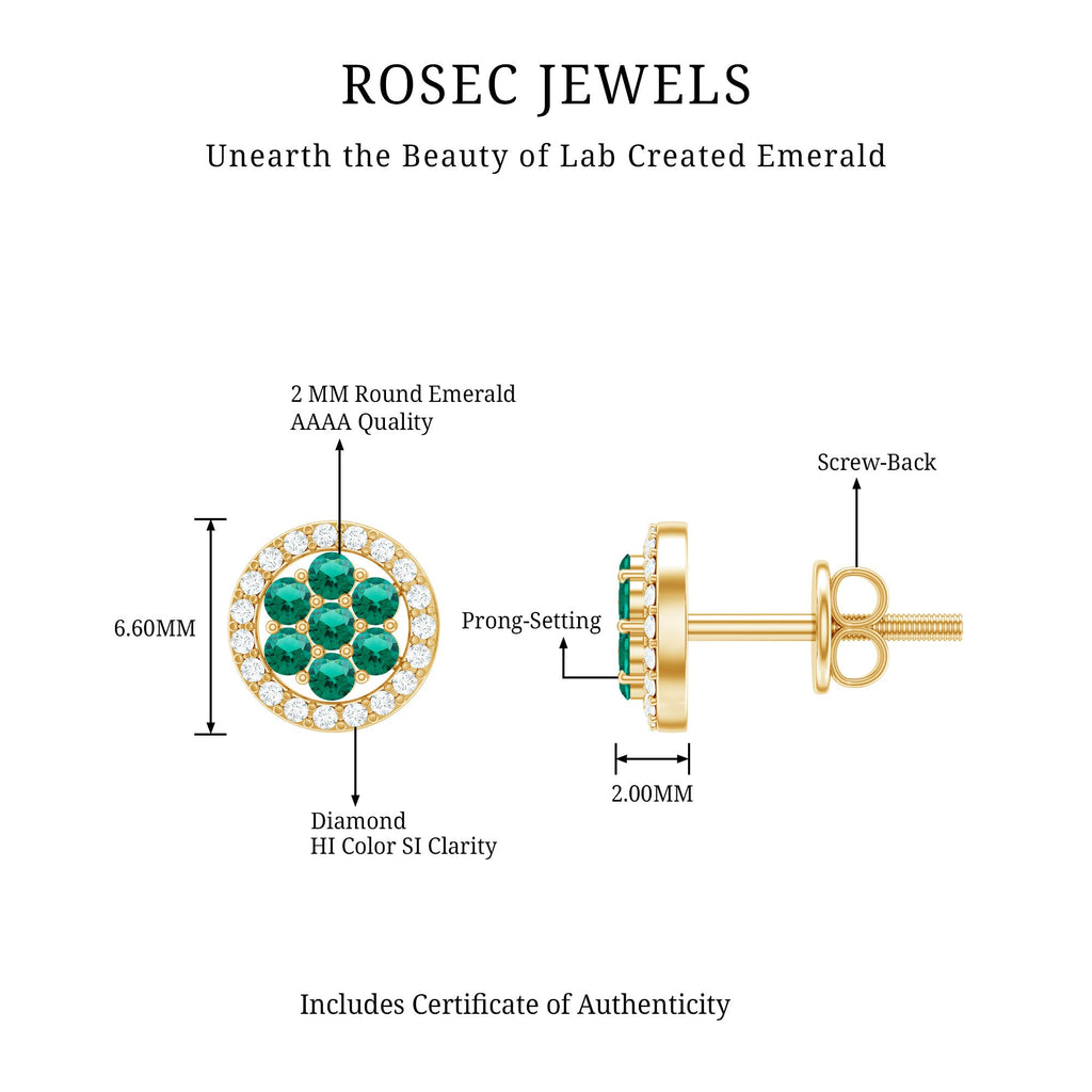 Lab Created Emerald Earrings - Diamond Halo Flower Cluster Studs | AAA Quality
