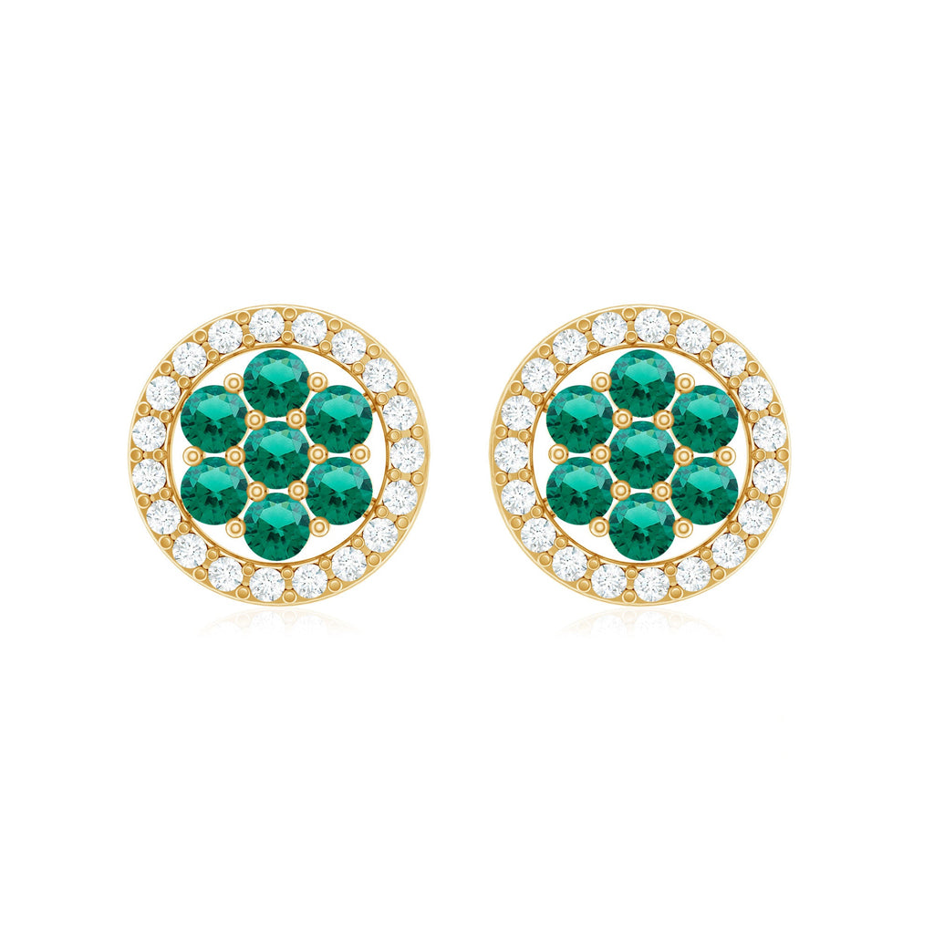 Lab Created Emerald Earrings - Diamond Halo Flower Cluster Studs | AAA Quality