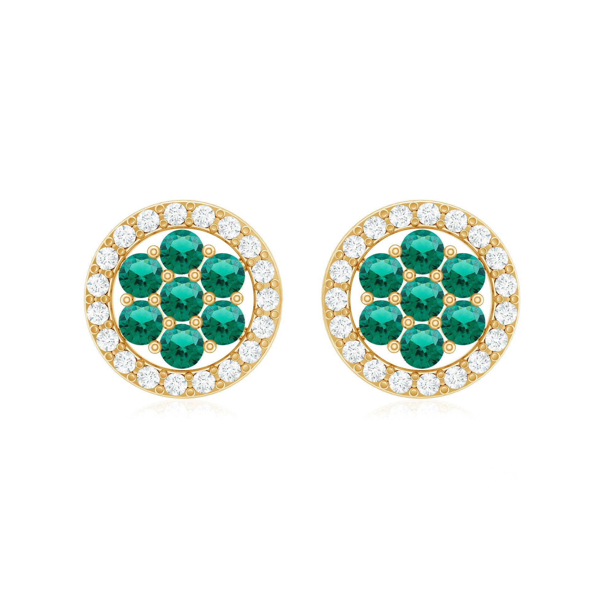 Lab Created Emerald Earrings - Diamond Halo Flower Cluster Studs | AAA Quality