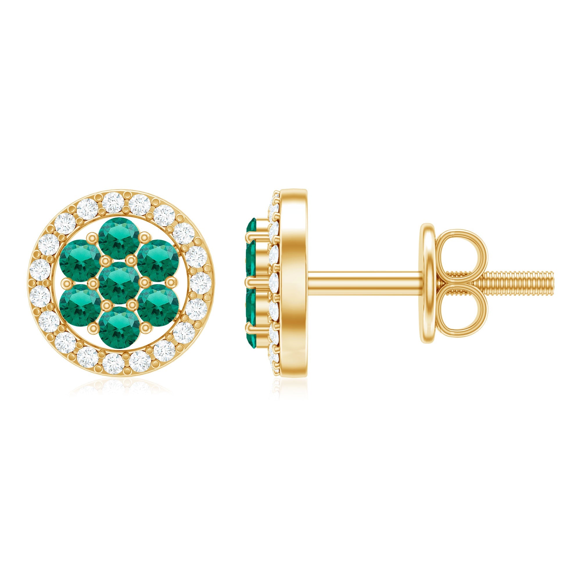 Lab Created Emerald Earrings - Diamond Halo Flower Cluster Studs | AAA Quality