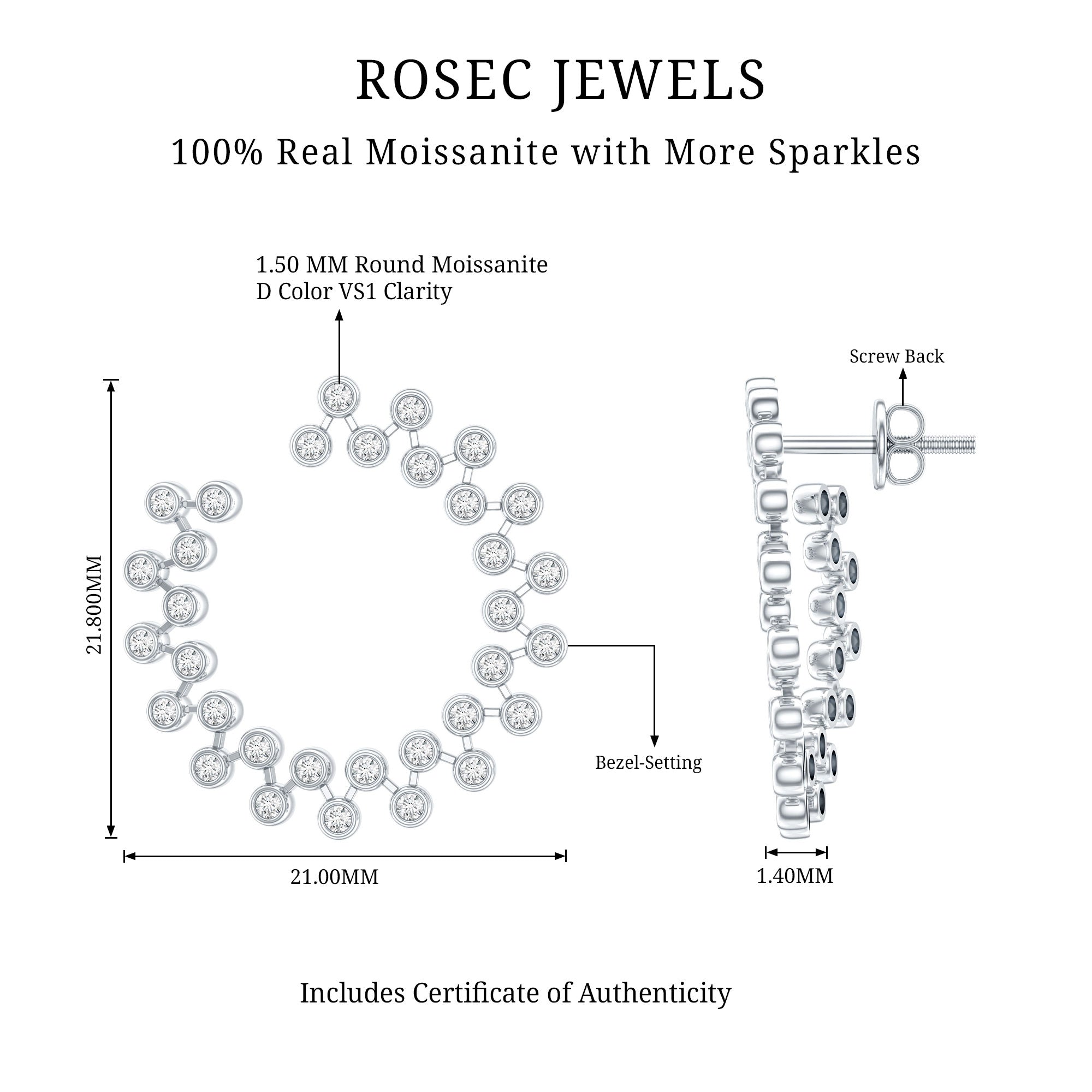 Moissanite Stud Earrings - Circle Stud Earrings With Bezel Setting, Sparkling Round Cut
