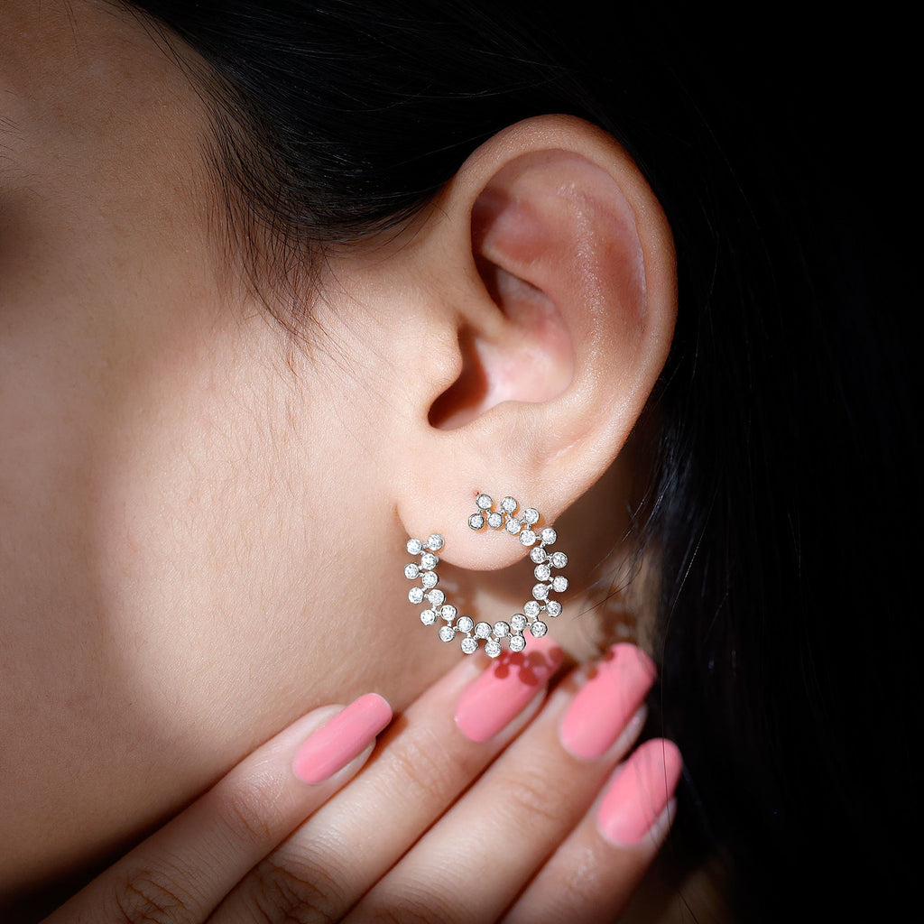 Moissanite Stud Earrings - Circle Stud Earrings With Bezel Setting, Sparkling Round Cut