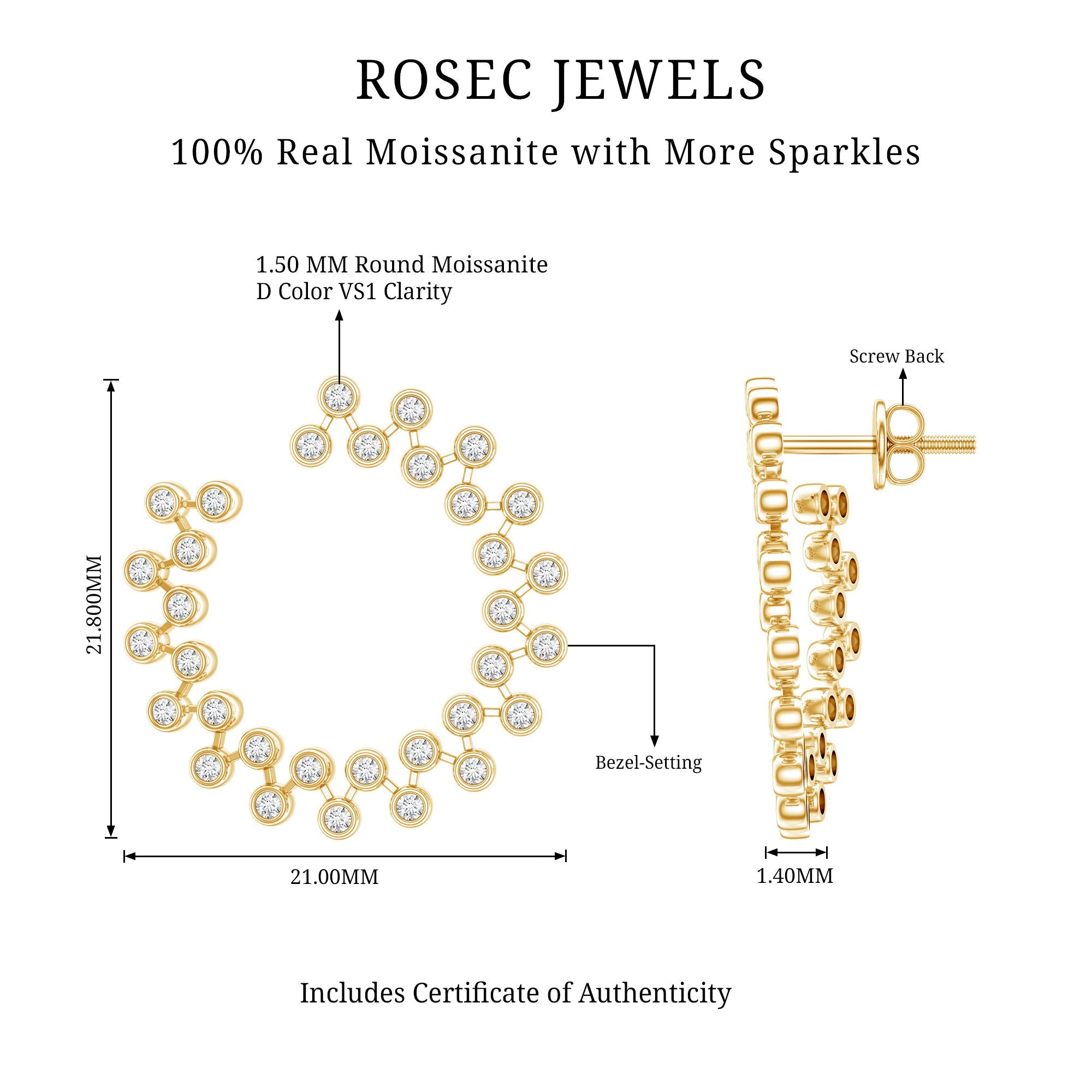 Moissanite Stud Earrings - Circle Stud Earrings With Bezel Setting, Sparkling Round Cut