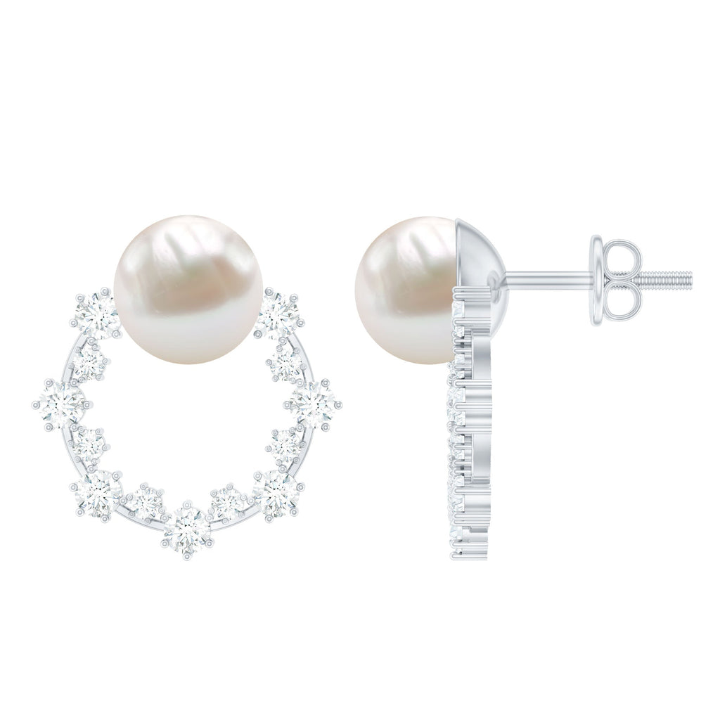 Freshwater Pearl Earrings - Bridal Stud Earrings with Round Cut Diamonds