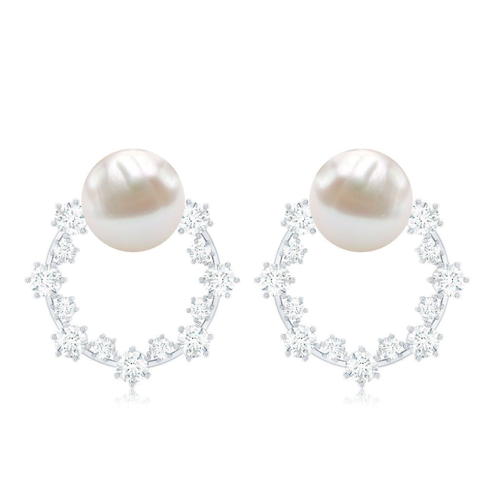 Freshwater Pearl Earrings - Bridal Stud Earrings with Round Cut Diamonds