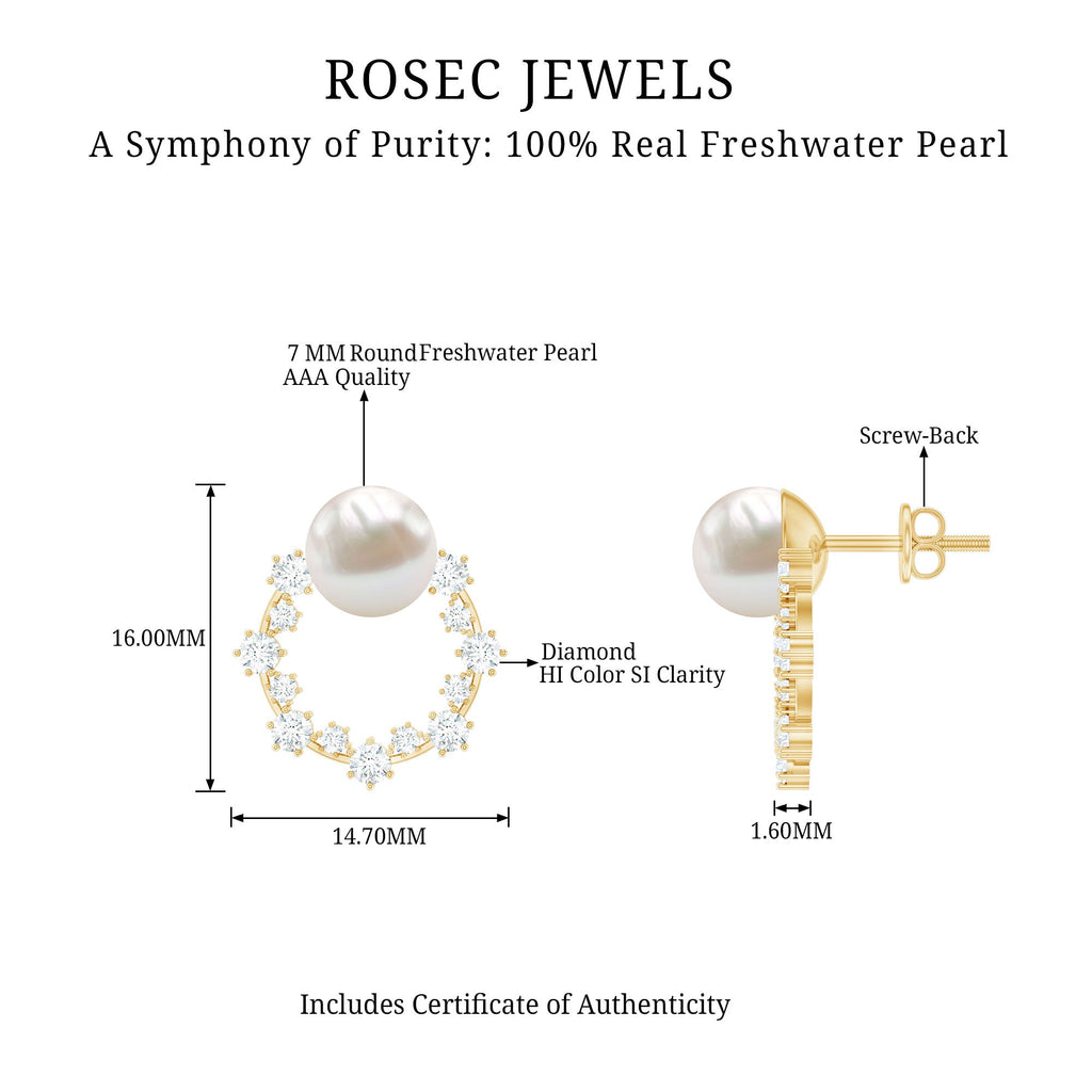 Freshwater Pearl Earrings - Bridal Stud Earrings with Round Cut Diamonds