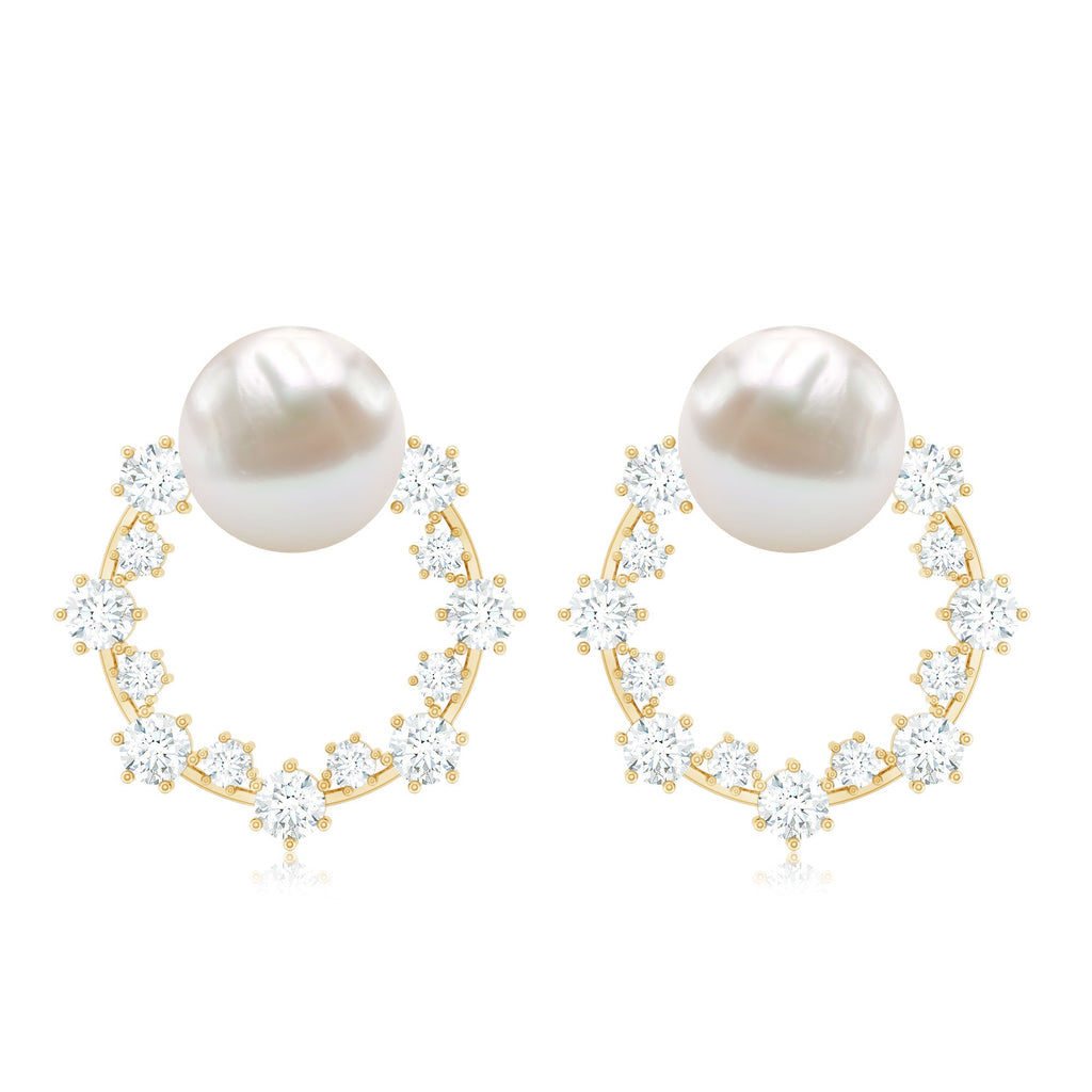 Freshwater Pearl Earrings - Bridal Stud Earrings with Round Cut Diamonds