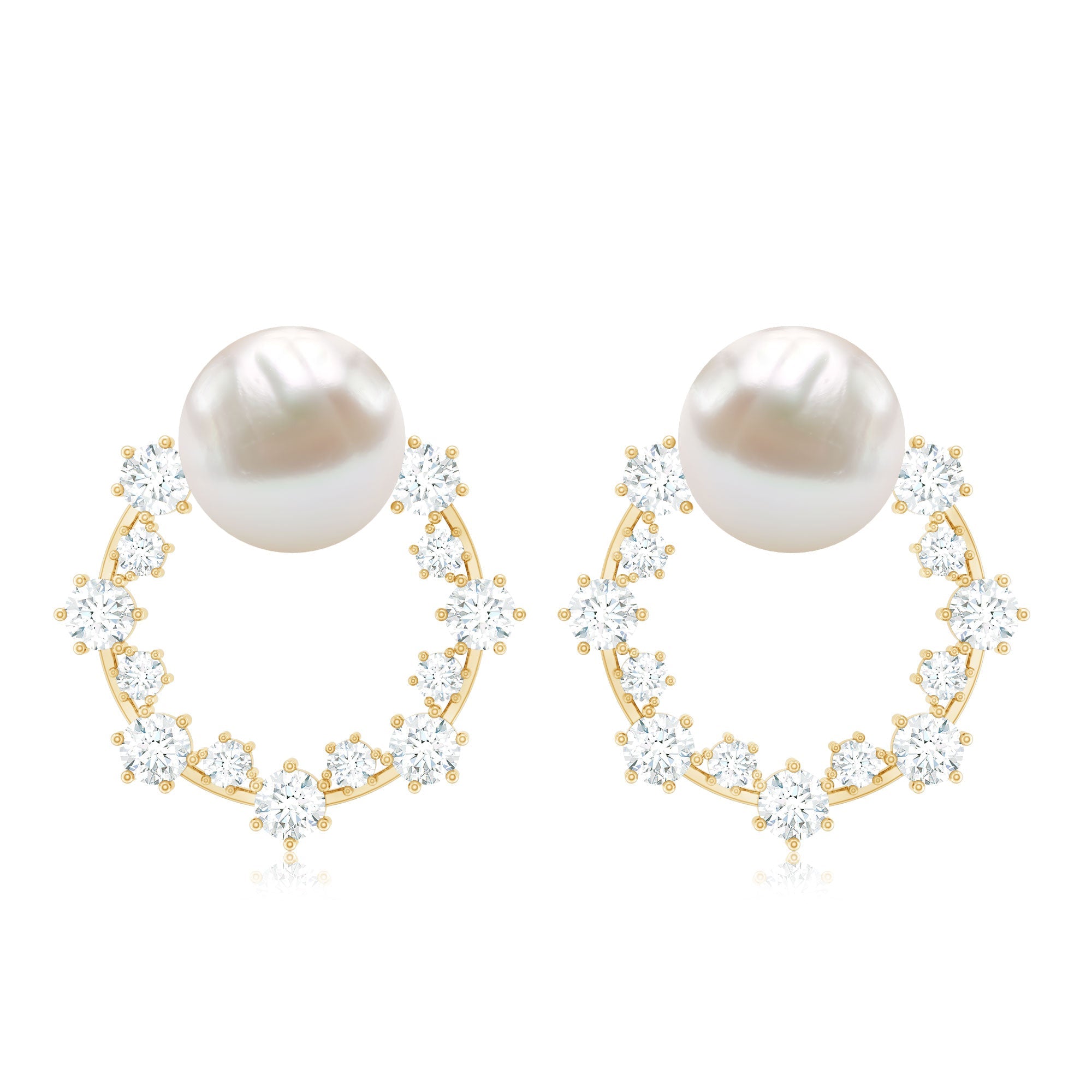 Freshwater Pearl Earrings - Bridal Stud Earrings with Round Cut Diamonds