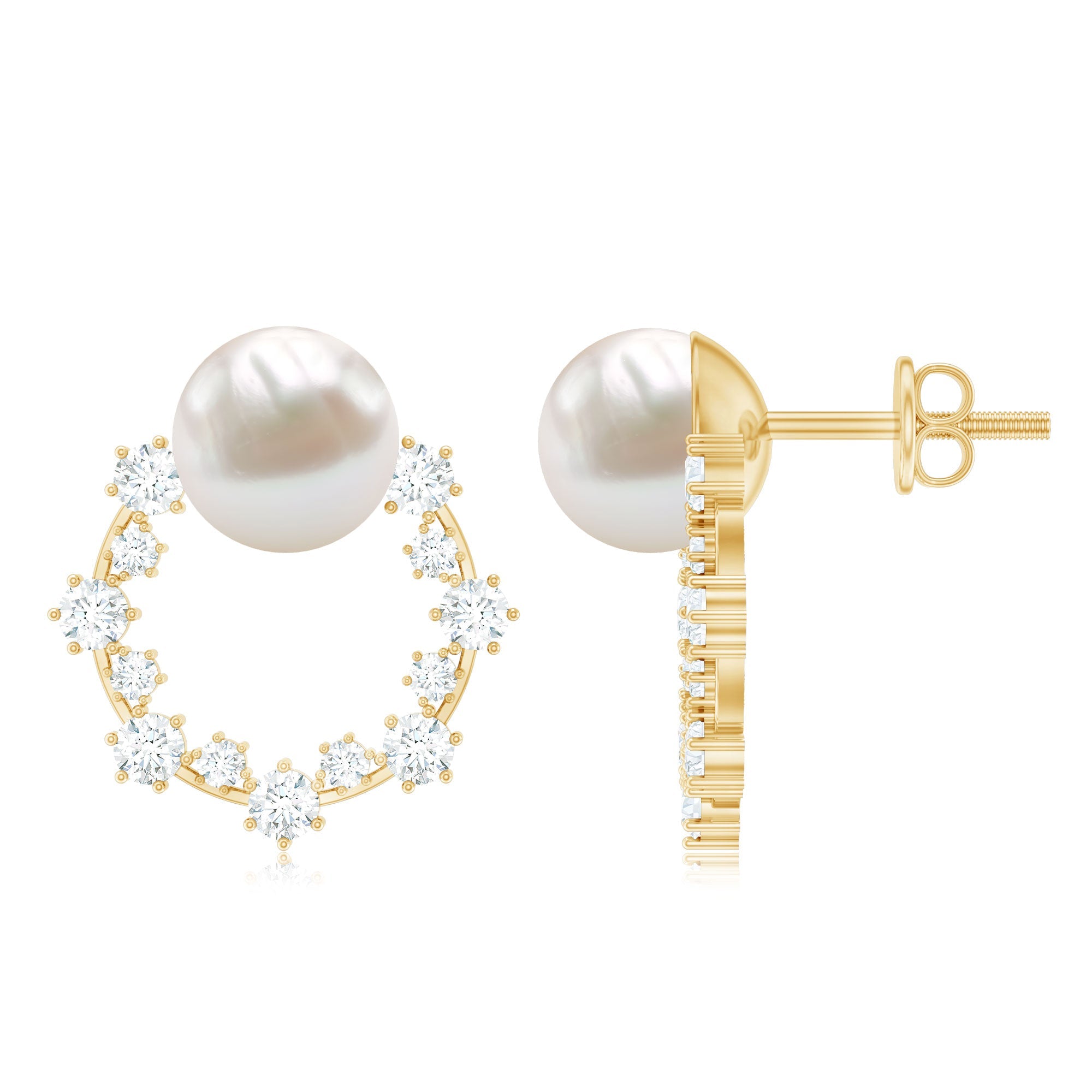 Freshwater Pearl Earrings - Bridal Stud Earrings with Round Cut Diamonds