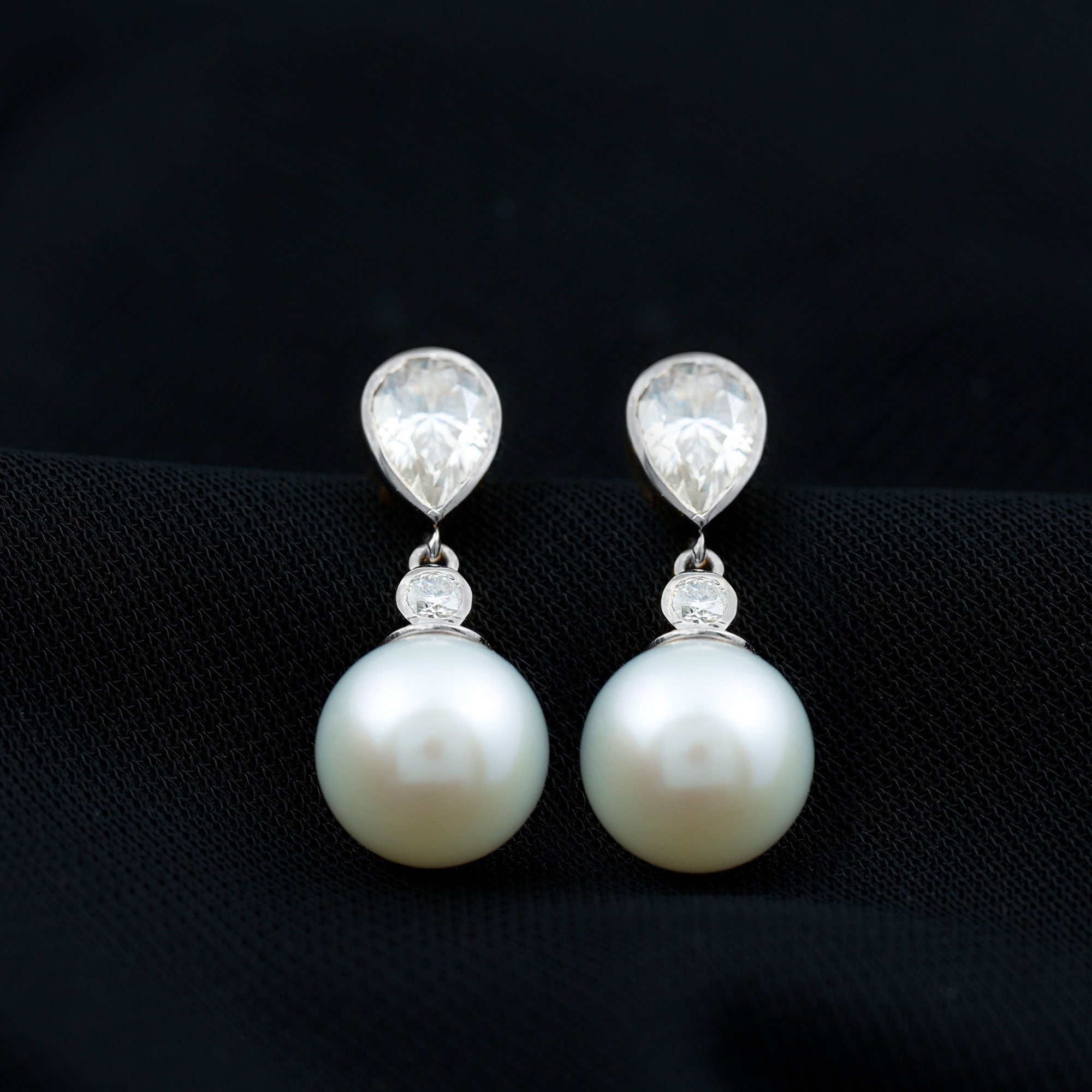 Freshwater Pearl Earrings - Moissanite Drop Earrings With Bezel Setting & Screw Back