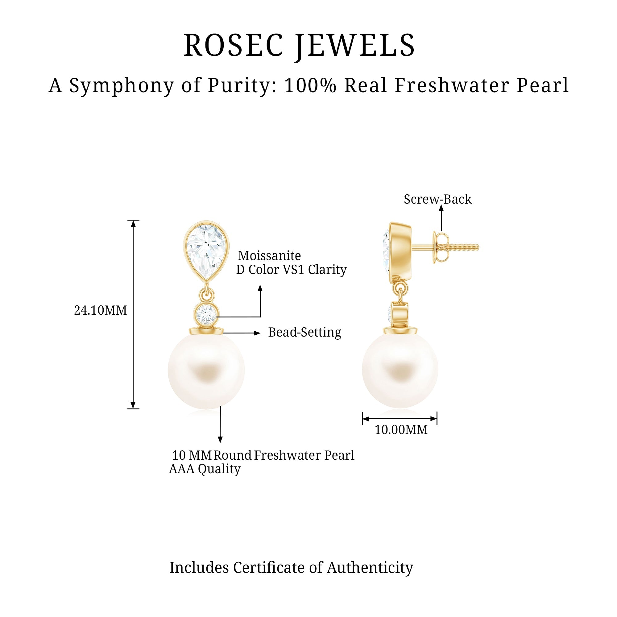 Freshwater Pearl Earrings - Moissanite Drop Earrings With Bezel Setting & Screw Back