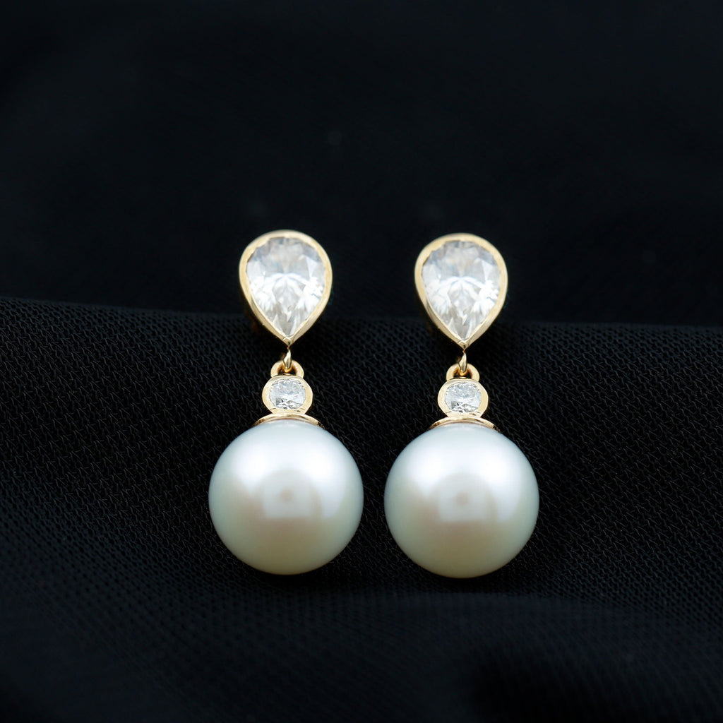 Freshwater Pearl Earrings - Moissanite Drop Earrings With Bezel Setting & Screw Back