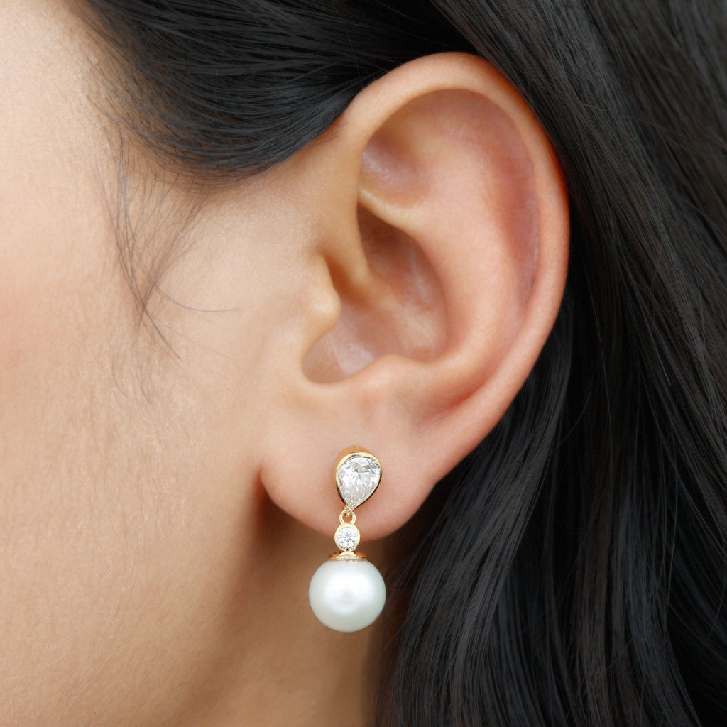 Freshwater Pearl Earrings - Moissanite Drop Earrings With Bezel Setting & Screw Back