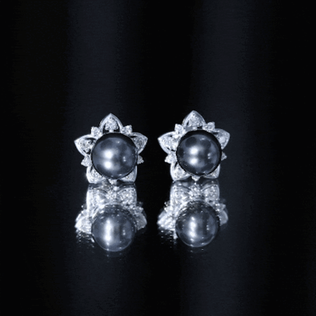 Tahitian Pearl Earrings – Black Pearl Studs with Diamond Flower Design, 8mm