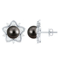 Tahitian Pearl Earrings – Black Pearl Studs with Diamond Flower Design, 8mm