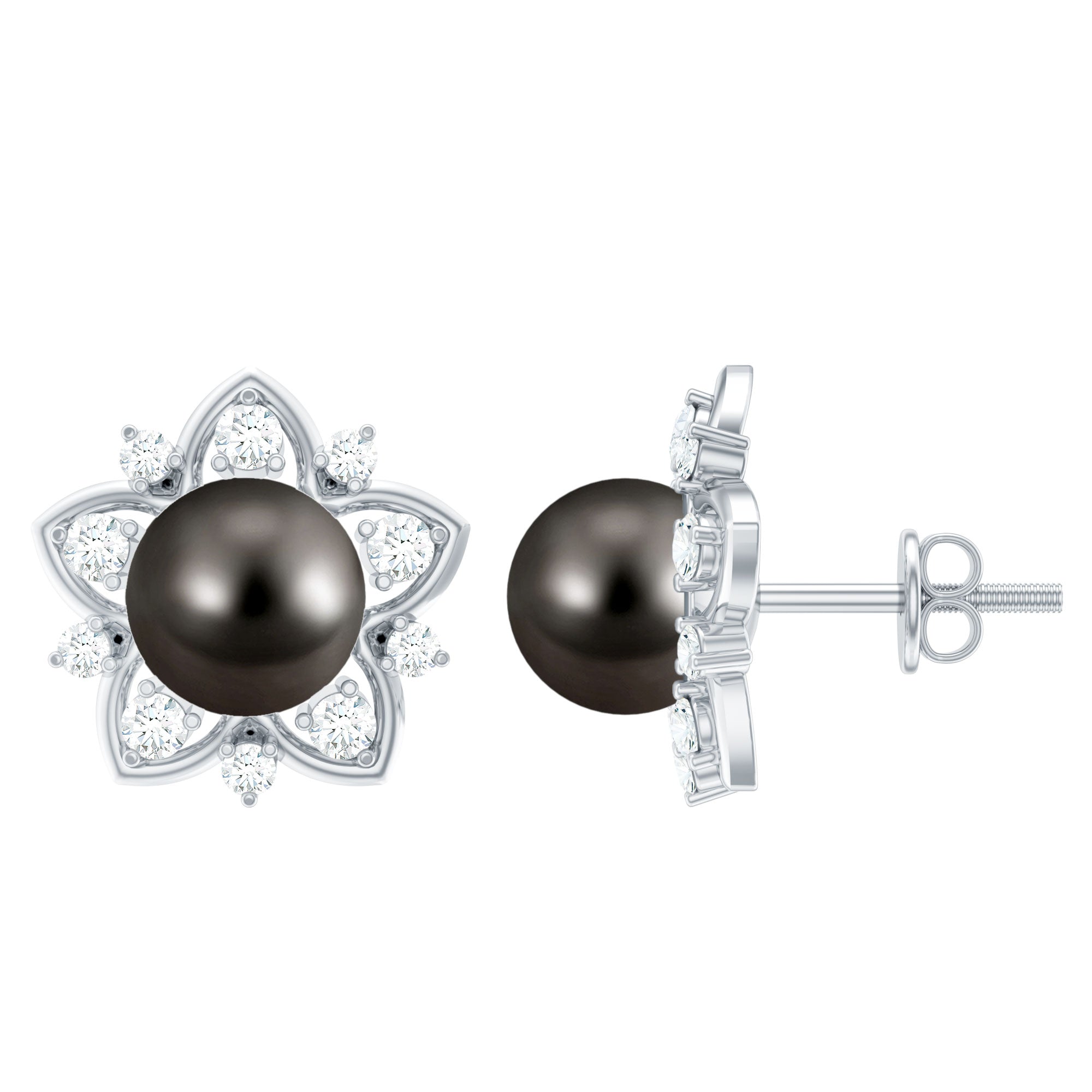 Tahitian Pearl Earrings – Black Pearl Studs with Diamond Flower Design, 8mm