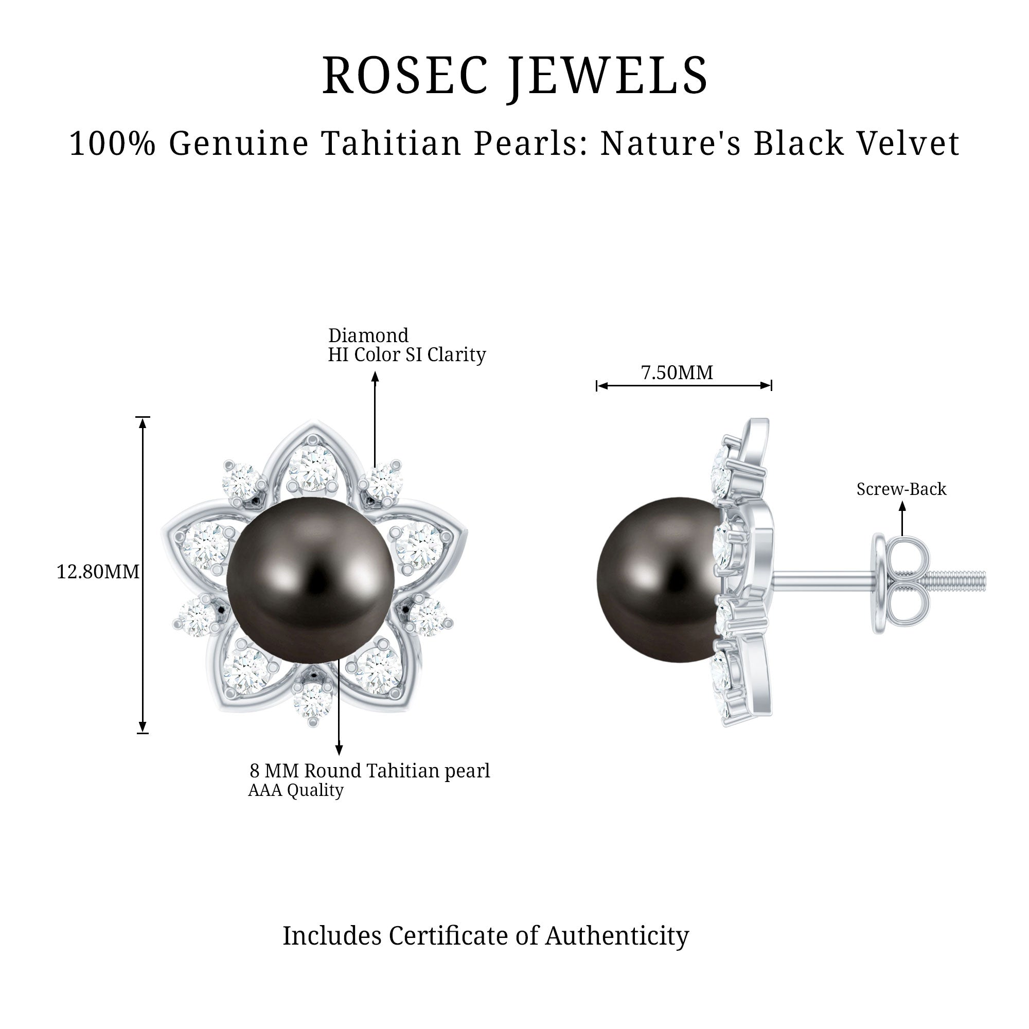 Tahitian Pearl Earrings – Black Pearl Studs with Diamond Flower Design, 8mm