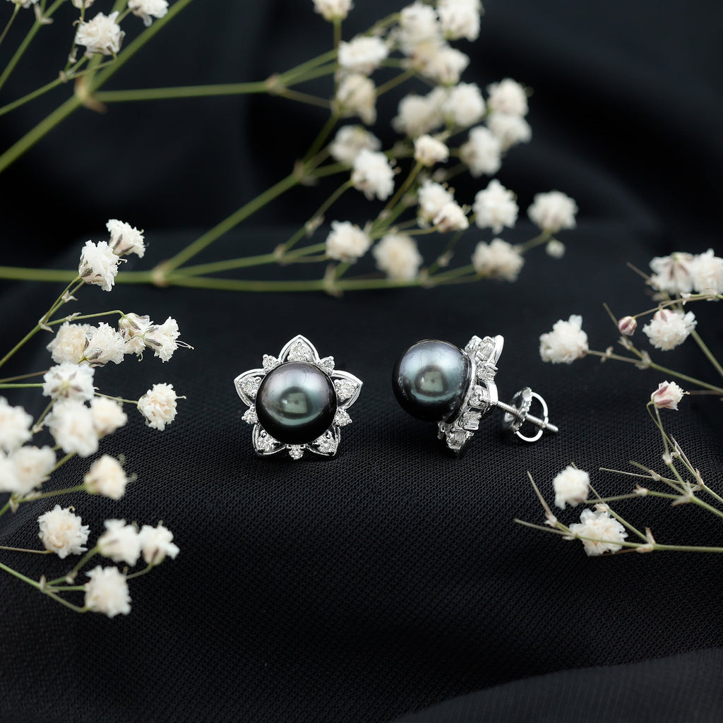 Tahitian Pearl Earrings – Black Pearl Studs with Diamond Flower Design, 8mm
