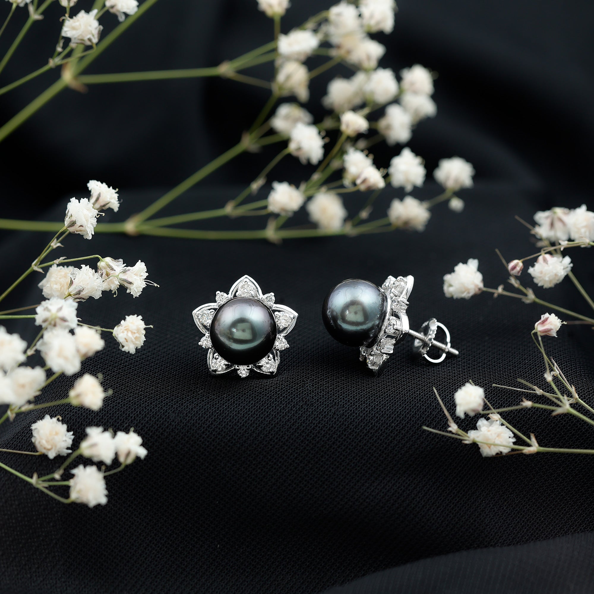 Tahitian Pearl Earrings – Black Pearl Studs with Diamond Flower Design, 8mm