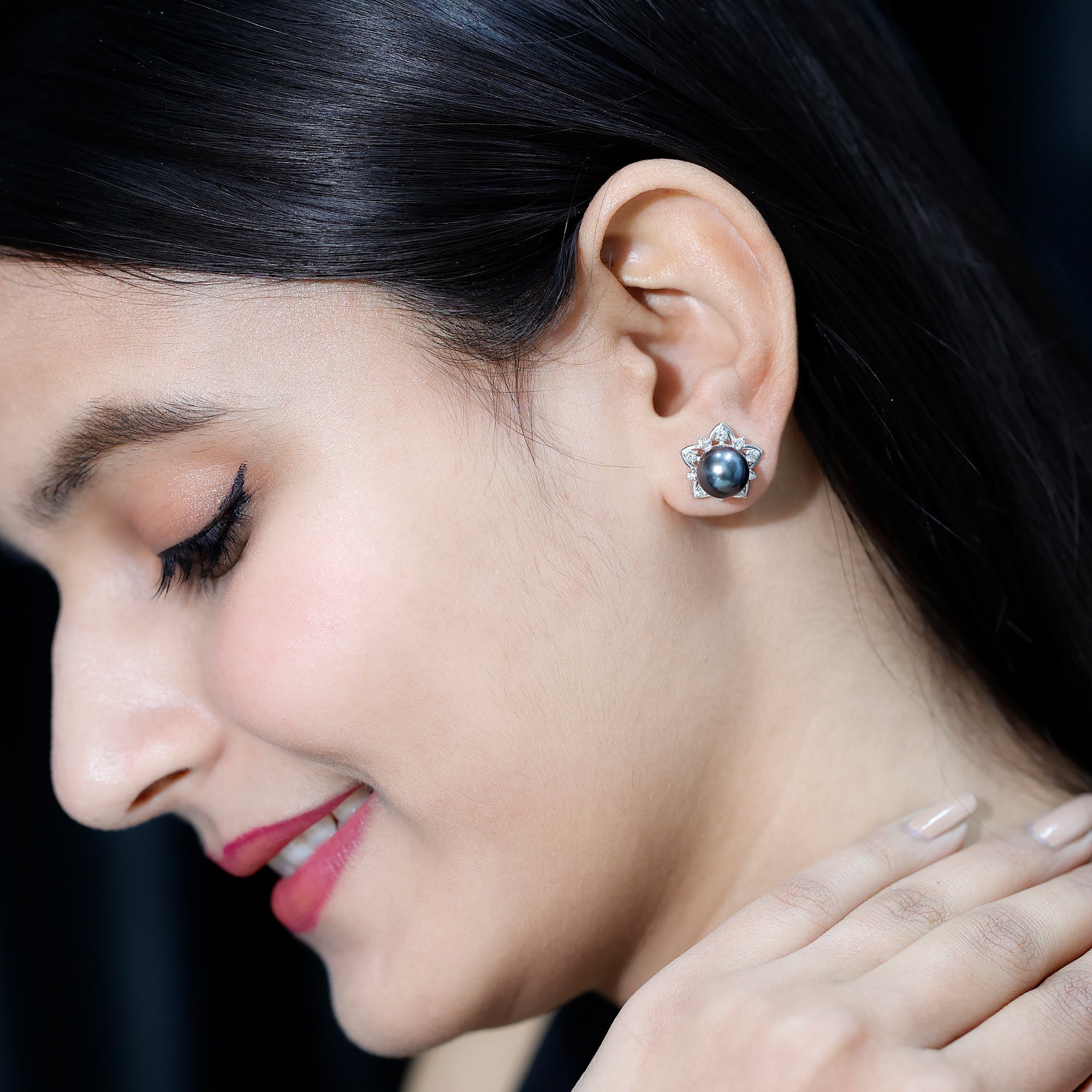 Tahitian Pearl Earrings – Black Pearl Studs with Diamond Flower Design, 8mm